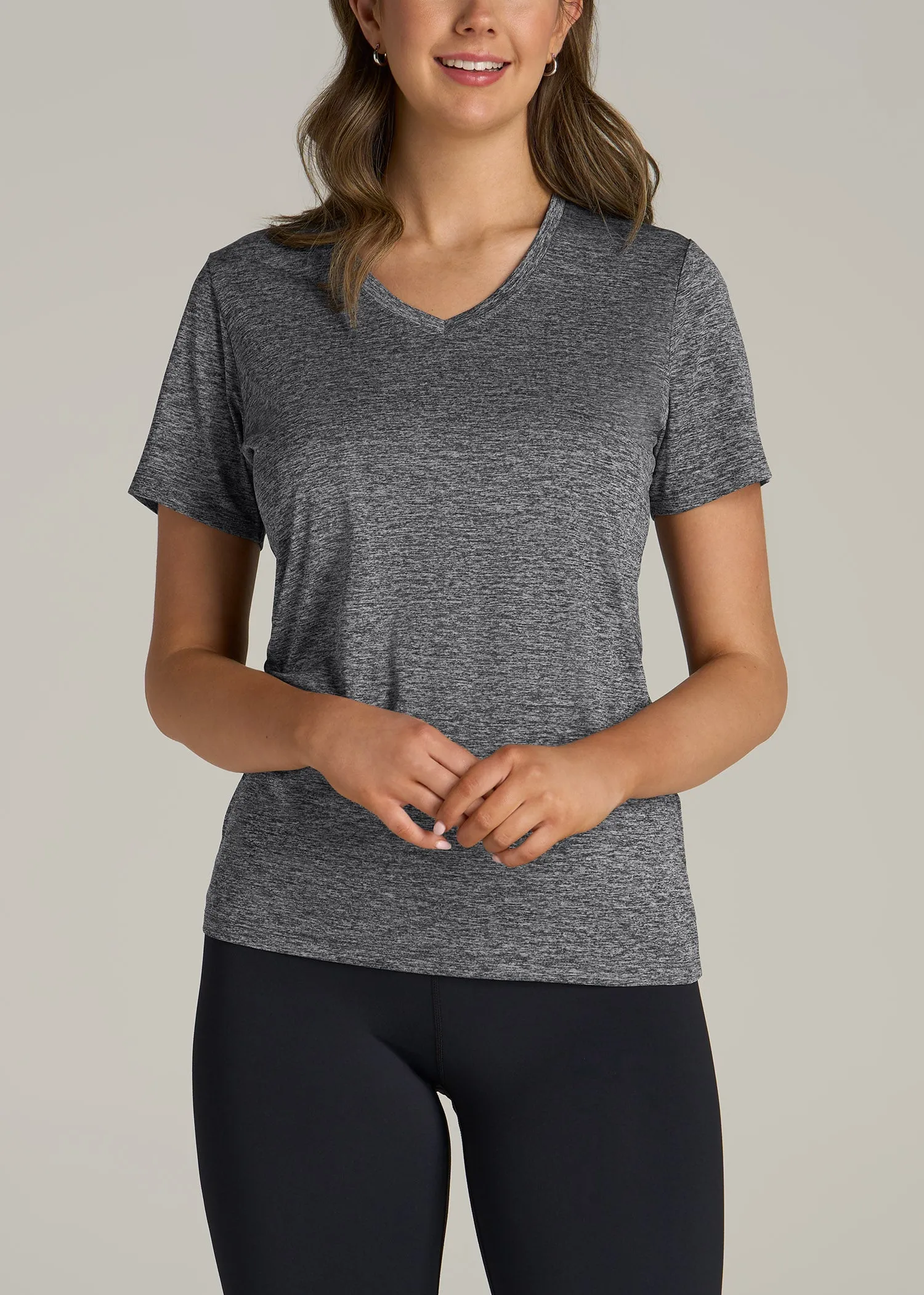 Short Sleeve Active V Neck T-Shirt for Tall Women in Grey Space Dye sold by American Tall