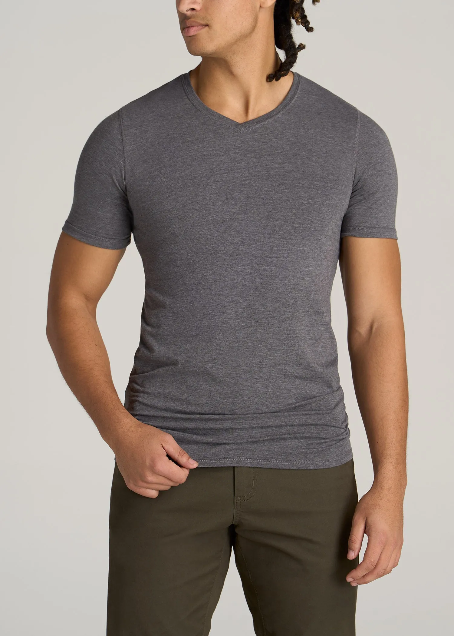 The Essential SLIM-FIT V-Neck Men's Tall Tees in Charcoal Mix sold by American Tall