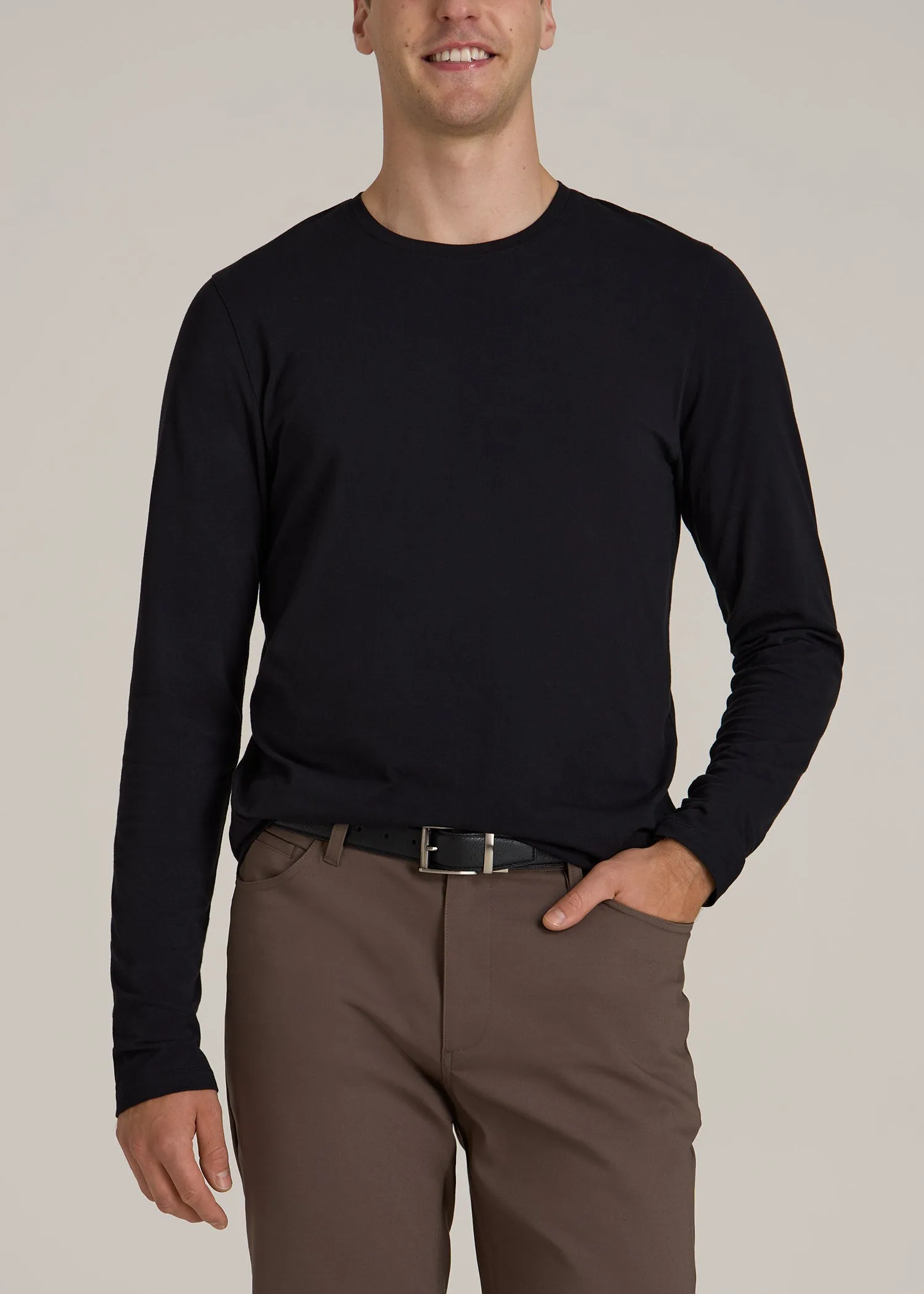 The Essential Modern Fit Crewneck Long Sleeve Tee for Tall Men in Black sold by American Tall