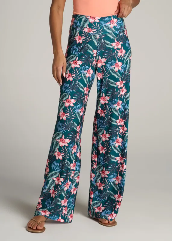 Pull On Breezy Wide Leg Pants for Tall Women in Green Tropical Floral Print sold by American Tall