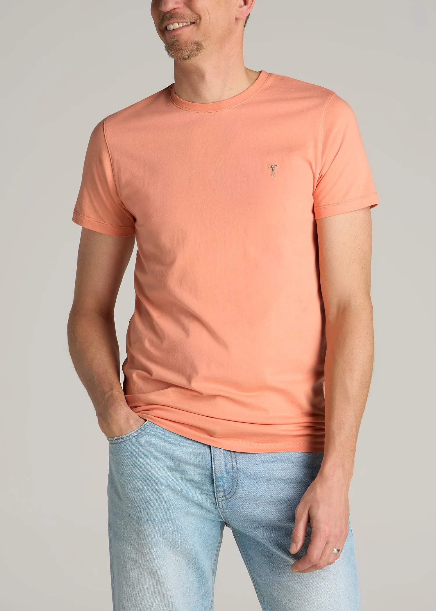 MODERN-FIT Embroidered Logo Crewneck T-Shirt for Tall Men in Apricot Crush sold by American Tall