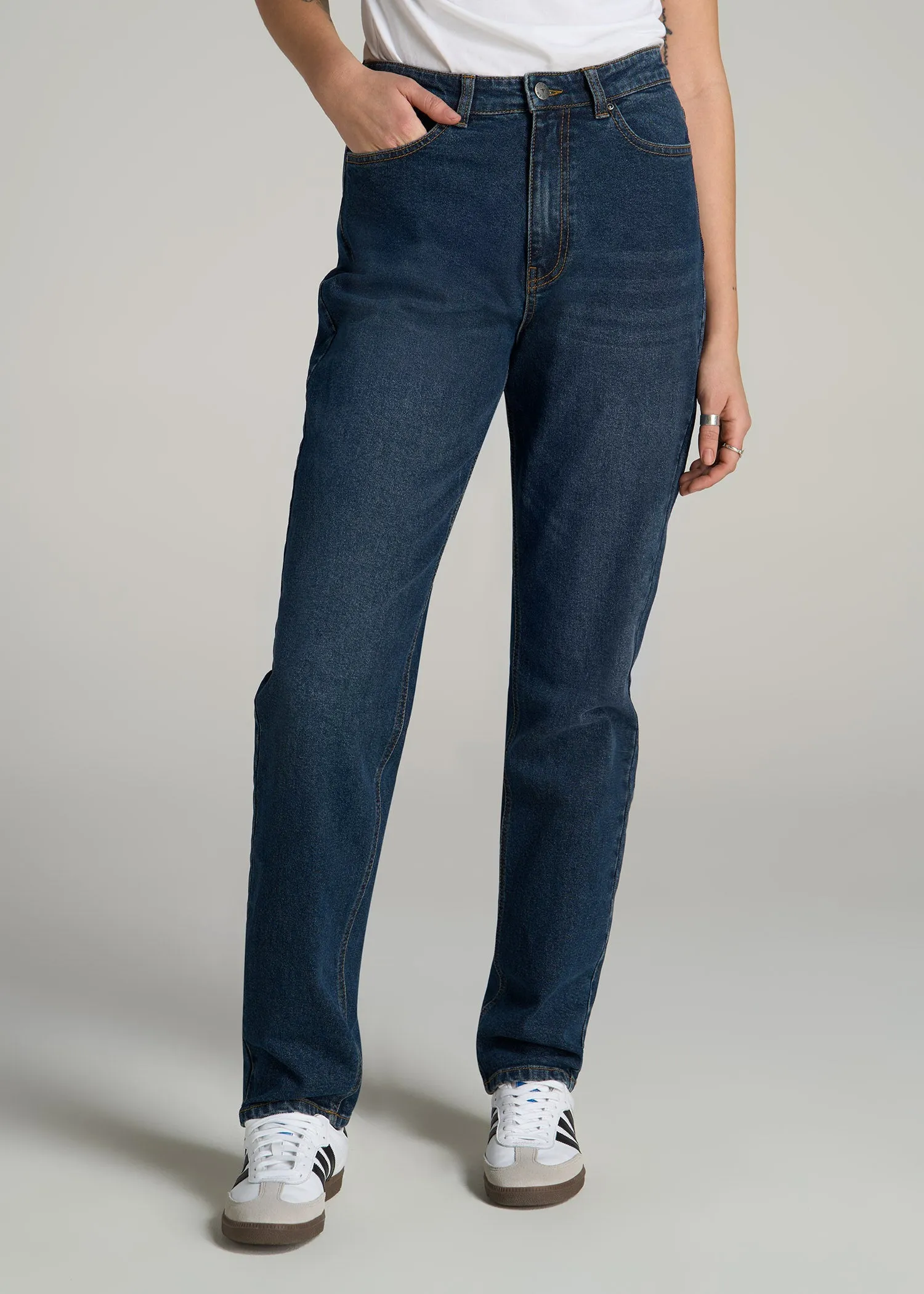 Emma High Rise Relaxed Tapered Tall Women's Jeans in Faded Dark Indigo sold by American Tall