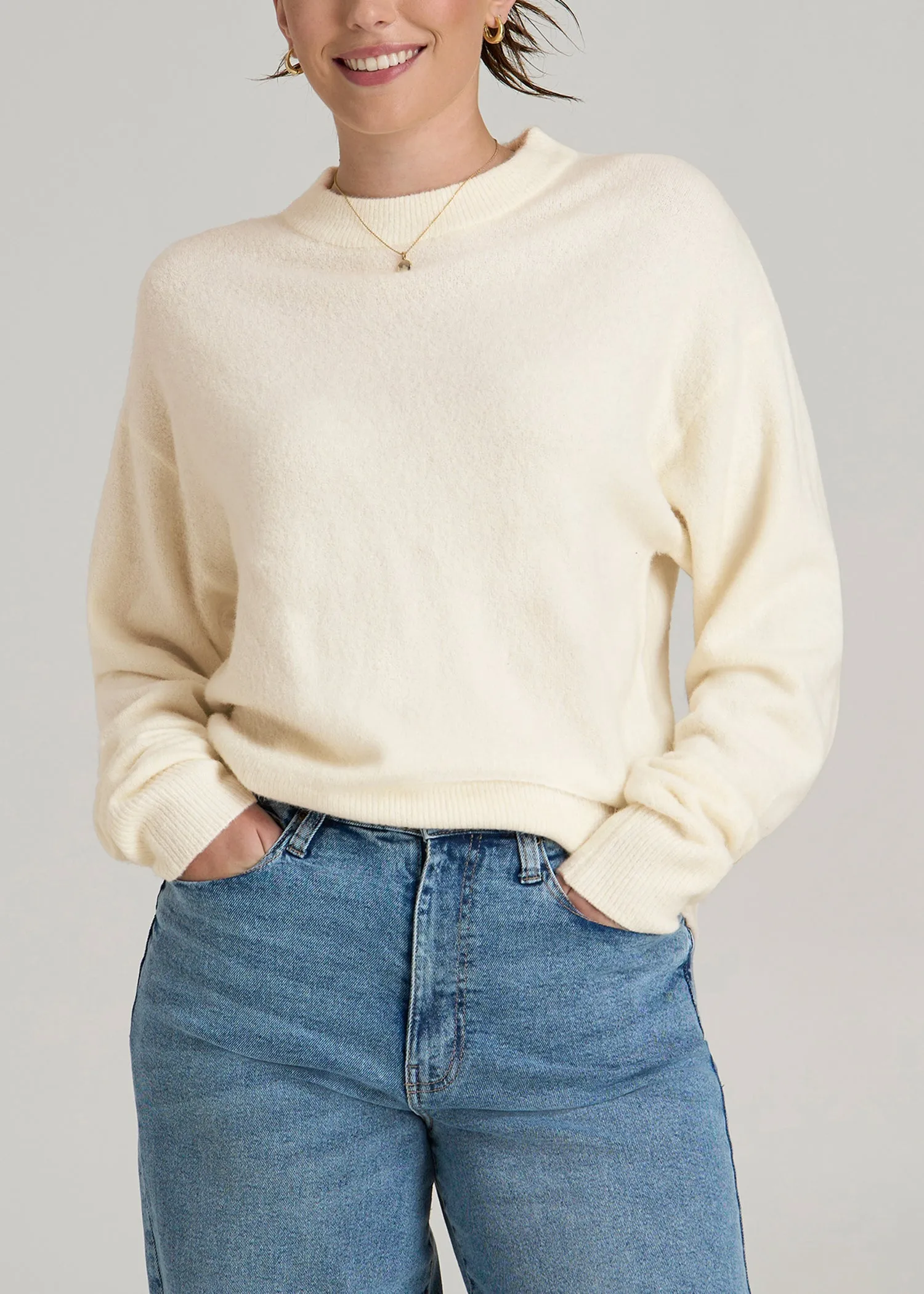 Relaxed Crewneck Wool Blend Sweater for Tall Women in White Alyssum sold by American Tall