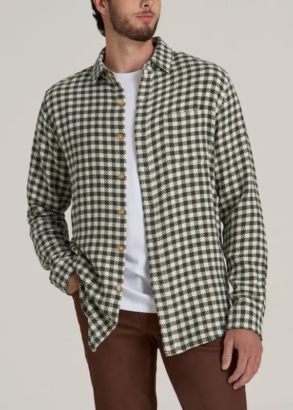 Lightweight Woven Overshirt for Tall Men in Olive and Ecru Check sold by American Tall