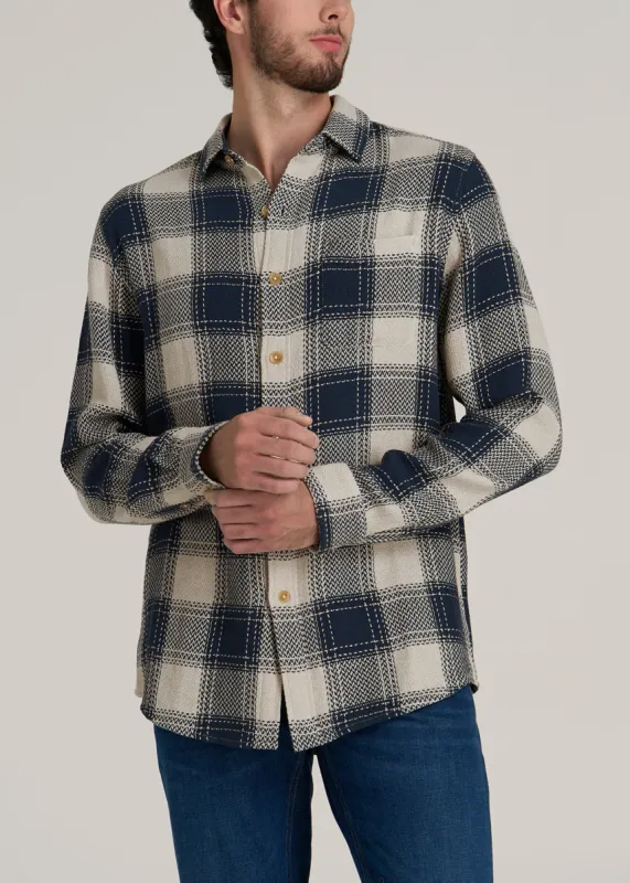 Lightweight Woven Overshirt for Tall Men in Navy and Beige Plaid sold by American Tall