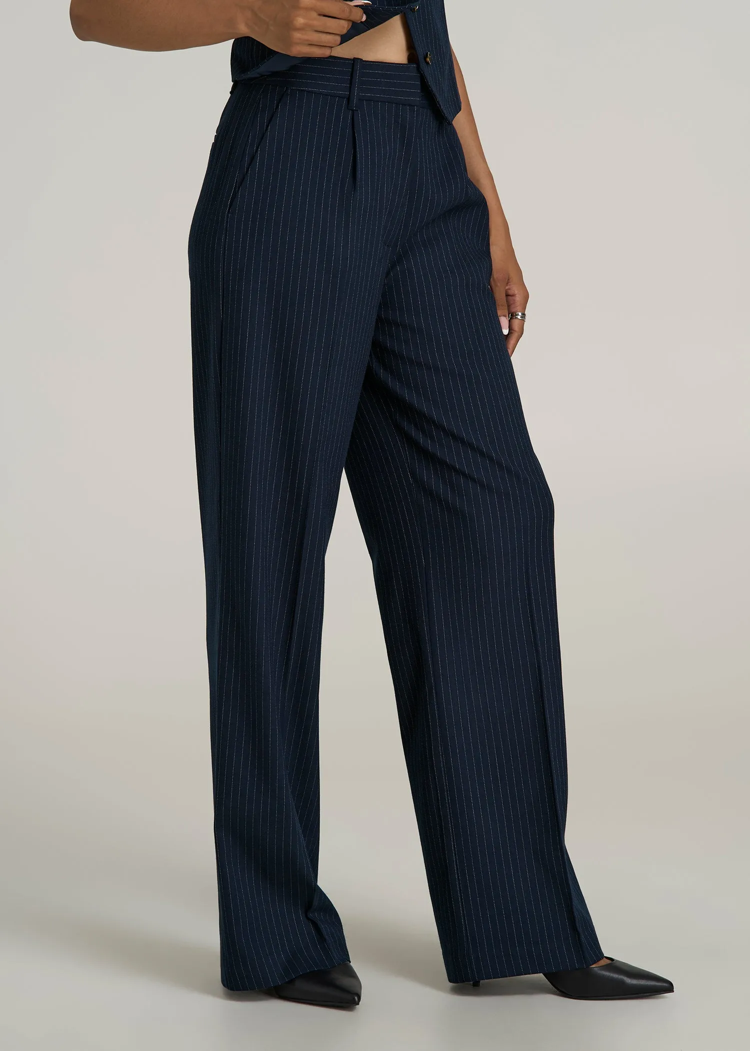 High-Rise Wide-Leg Pleated Dress Pants for Tall Women in Navy Pinstripe sold by American Tall product image thumbnail 3
