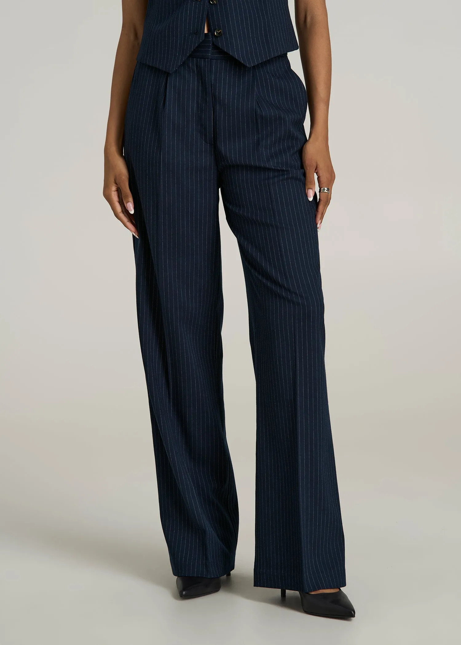 High-Rise Wide-Leg Pleated Dress Pants for Tall Women in Navy Pinstripe sold by American Tall