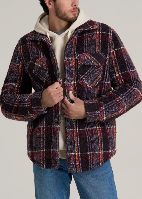 Sherpa Shirt Jacket for Tall Men in Burgundy and Navy Plaid sold by American Tall