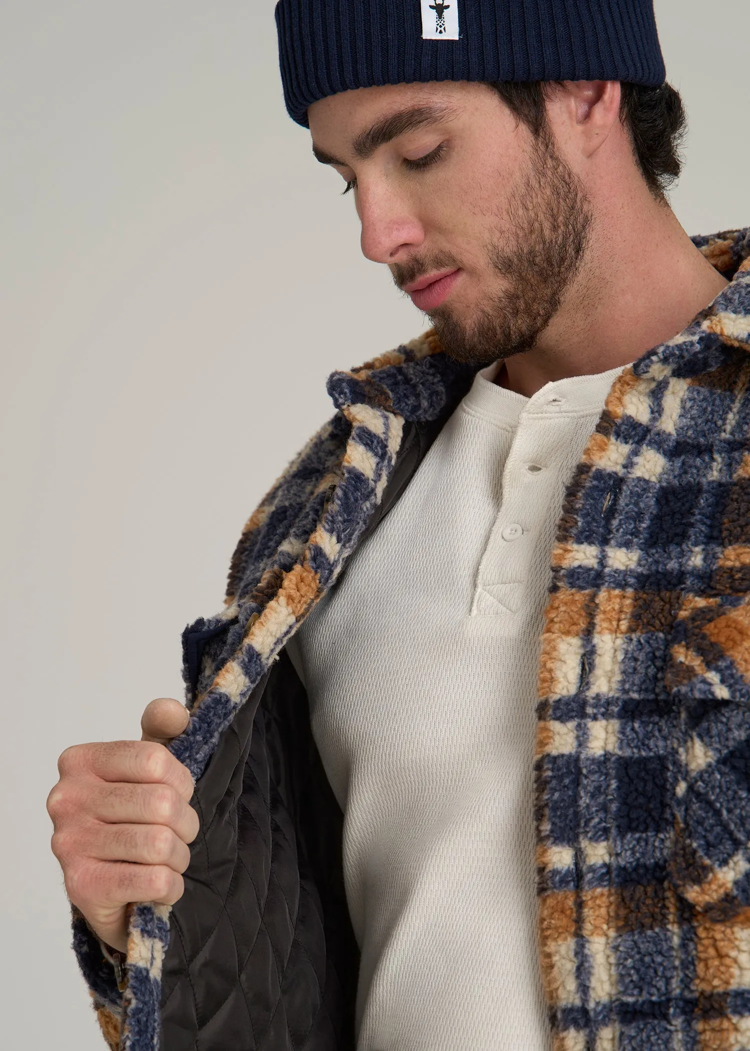 Sherpa Shirt Jacket for Tall Men in Dark Blue and Orange Plaid sold by American Tall product image thumbnail 2
