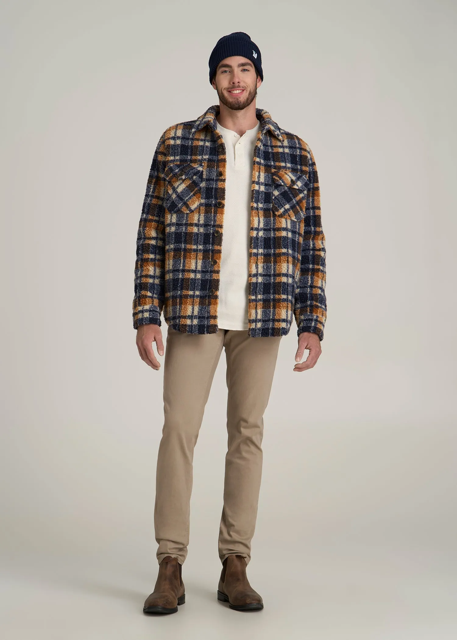 Sherpa Shirt Jacket for Tall Men in Dark Blue and Orange Plaid sold by American Tall product image thumbnail 4