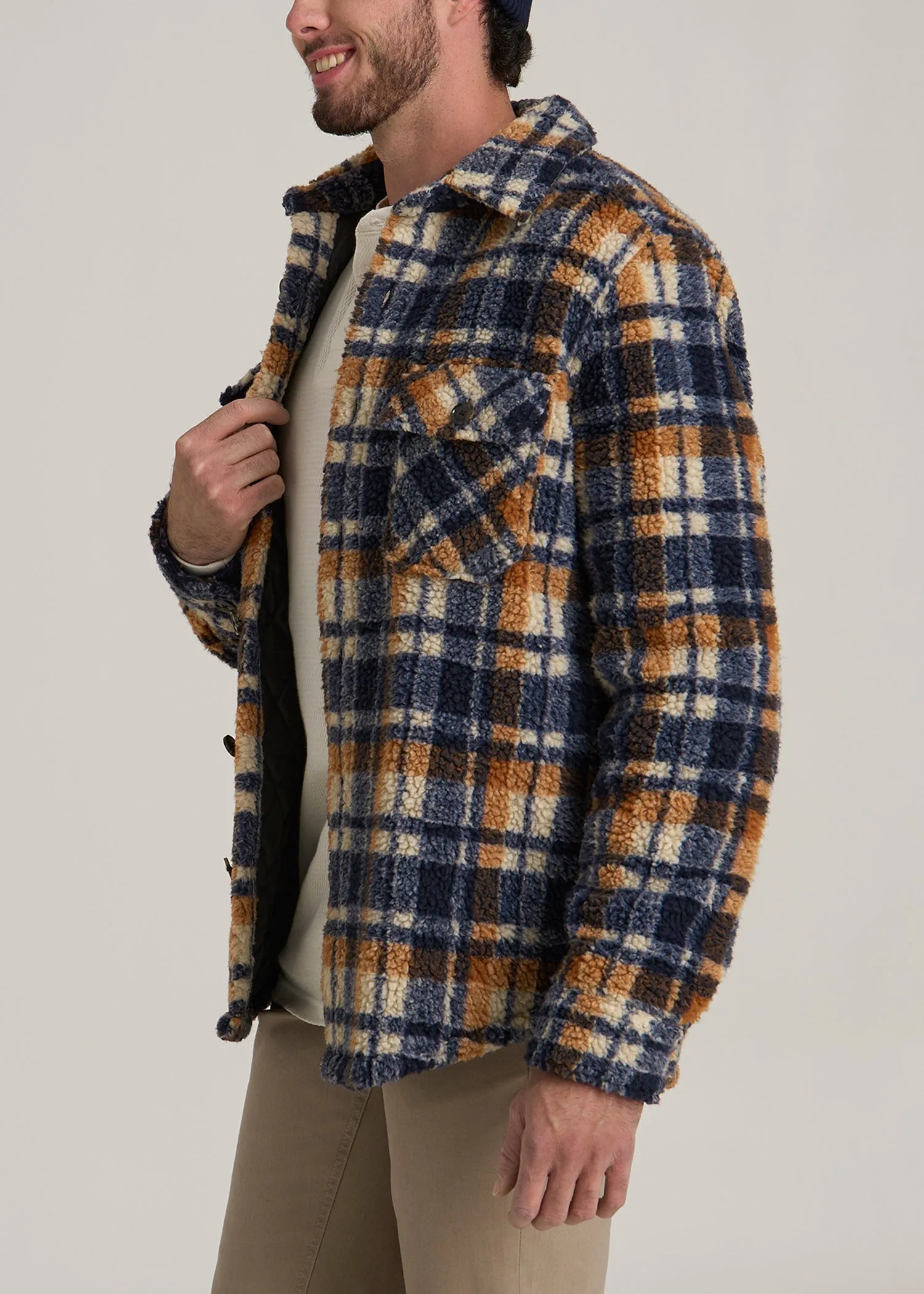 Sherpa Shirt Jacket for Tall Men in Dark Blue and Orange Plaid sold by American Tall product image thumbnail 3