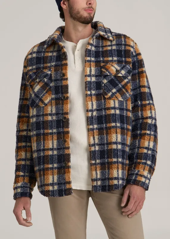 Sherpa Shirt Jacket for Tall Men in Dark Blue and Orange Plaid sold by American Tall