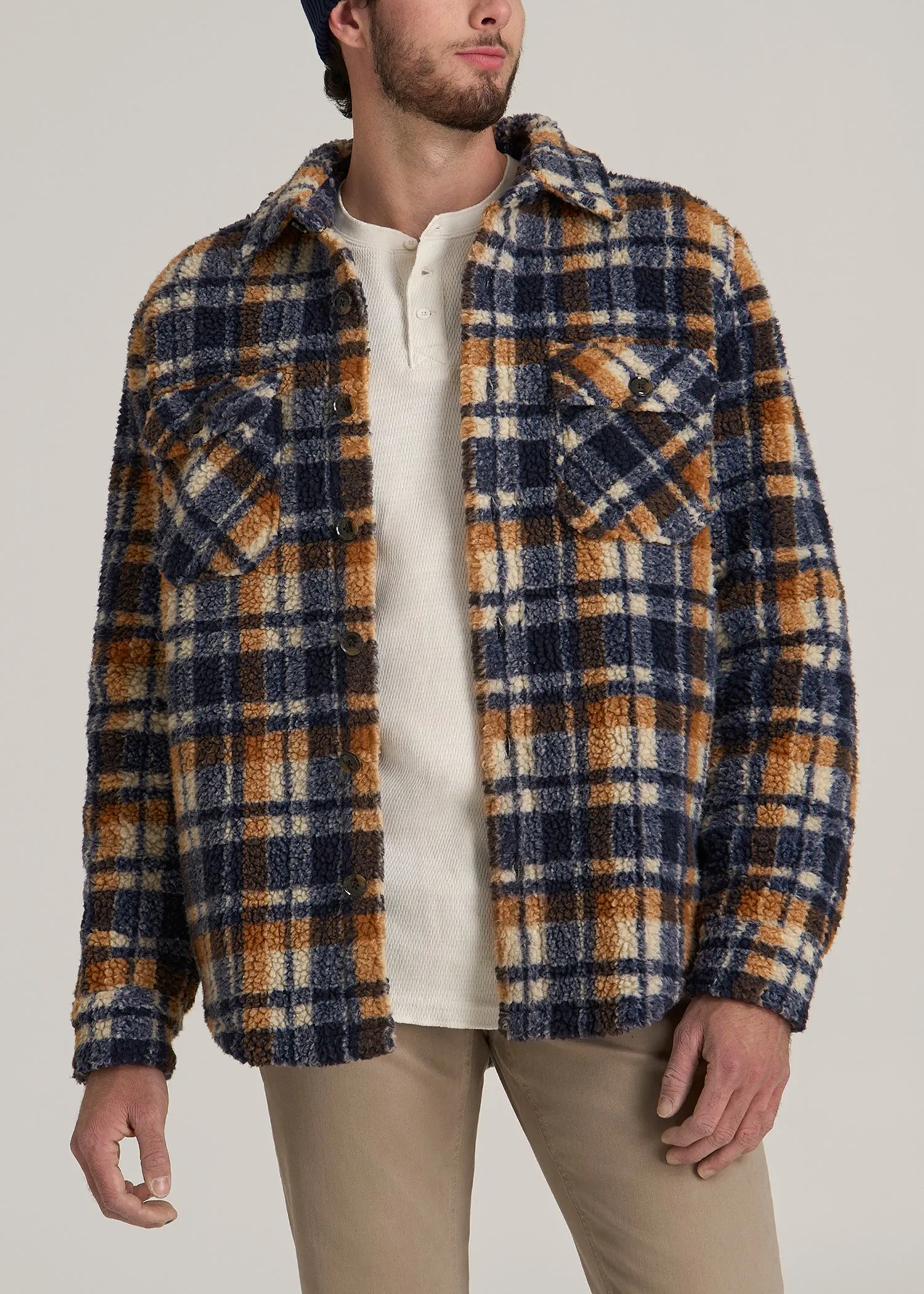 Sherpa Shirt Jacket for Tall Men in Dark Blue and Orange Plaid sold by American Tall