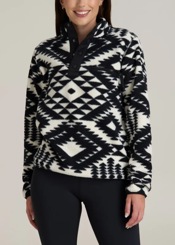 Half Snap Sherpa Sweatshirt for Tall Women in Black and White Geo Print sold by American Tall