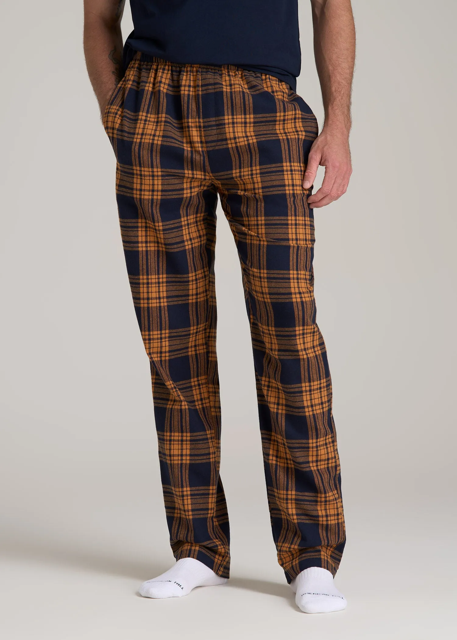 Plaid Pajama Pants for Tall Men in Navy and Apricot Plaid sold by American Tall