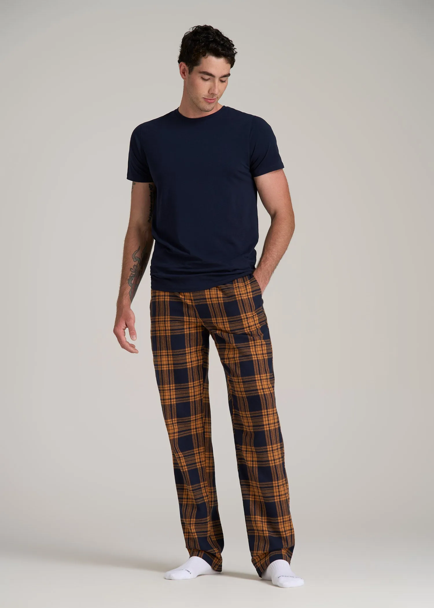 Plaid Pajama Pants for Tall Men in Navy and Apricot Plaid sold by American Tall product image thumbnail 4