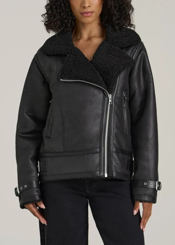 Shearling Moto Jacket for Tall Women in Black sold by American Tall