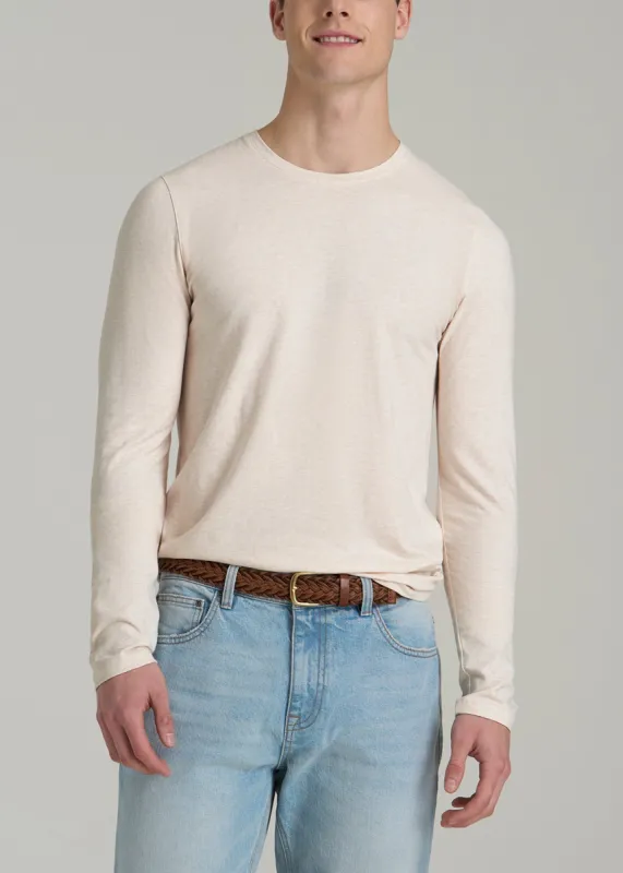 The Essential MODERN-FIT Crewneck Long Sleeve Tall Men's Tee in Heathered Oatmeal sold by American Tall