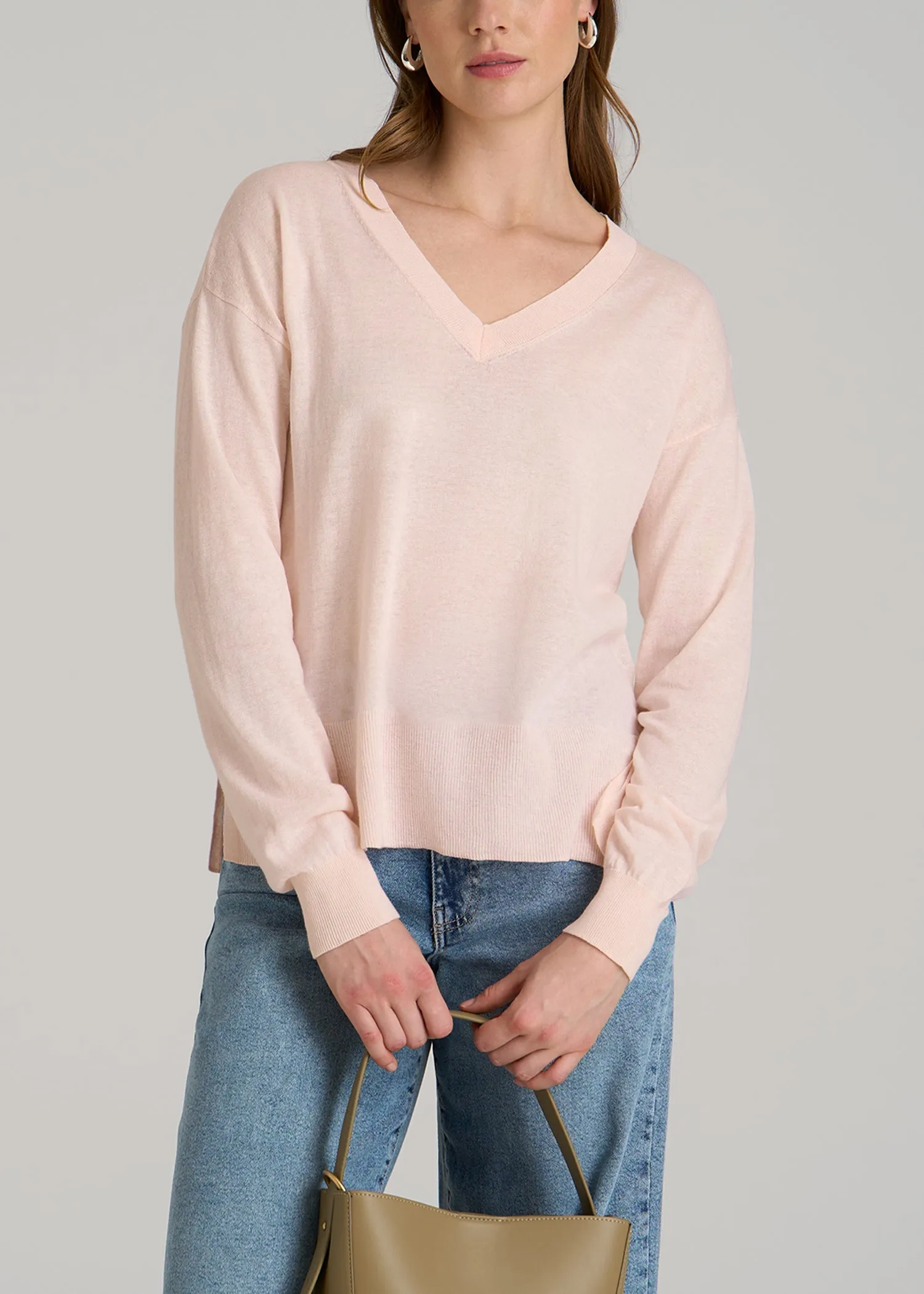 Linen Blend Split Hem V-Neck Sweater for Tall Women in Hush Pink sold by American Tall