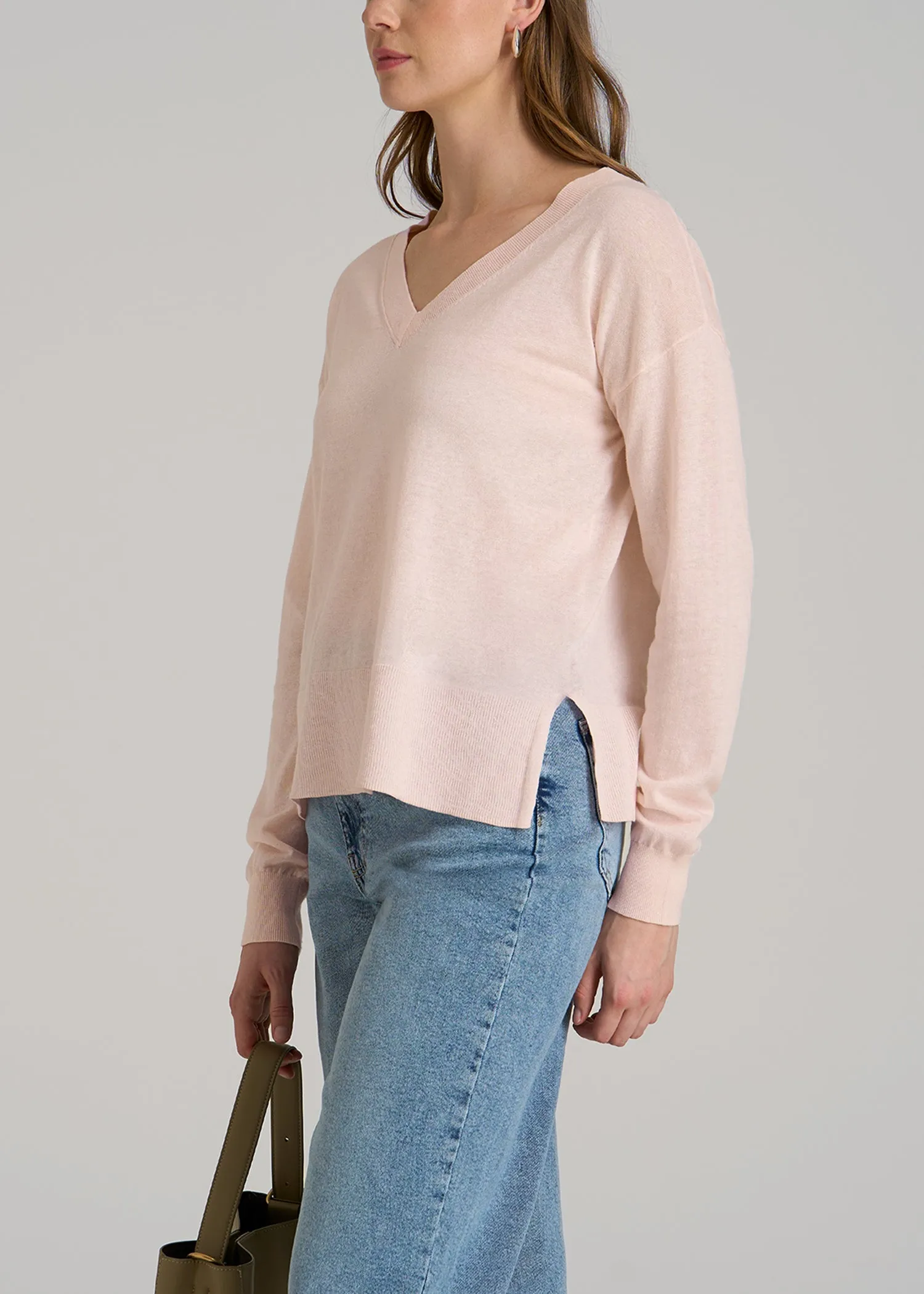 Linen Blend Split Hem V-Neck Sweater for Tall Women in Hush Pink sold by American Tall product image thumbnail 3