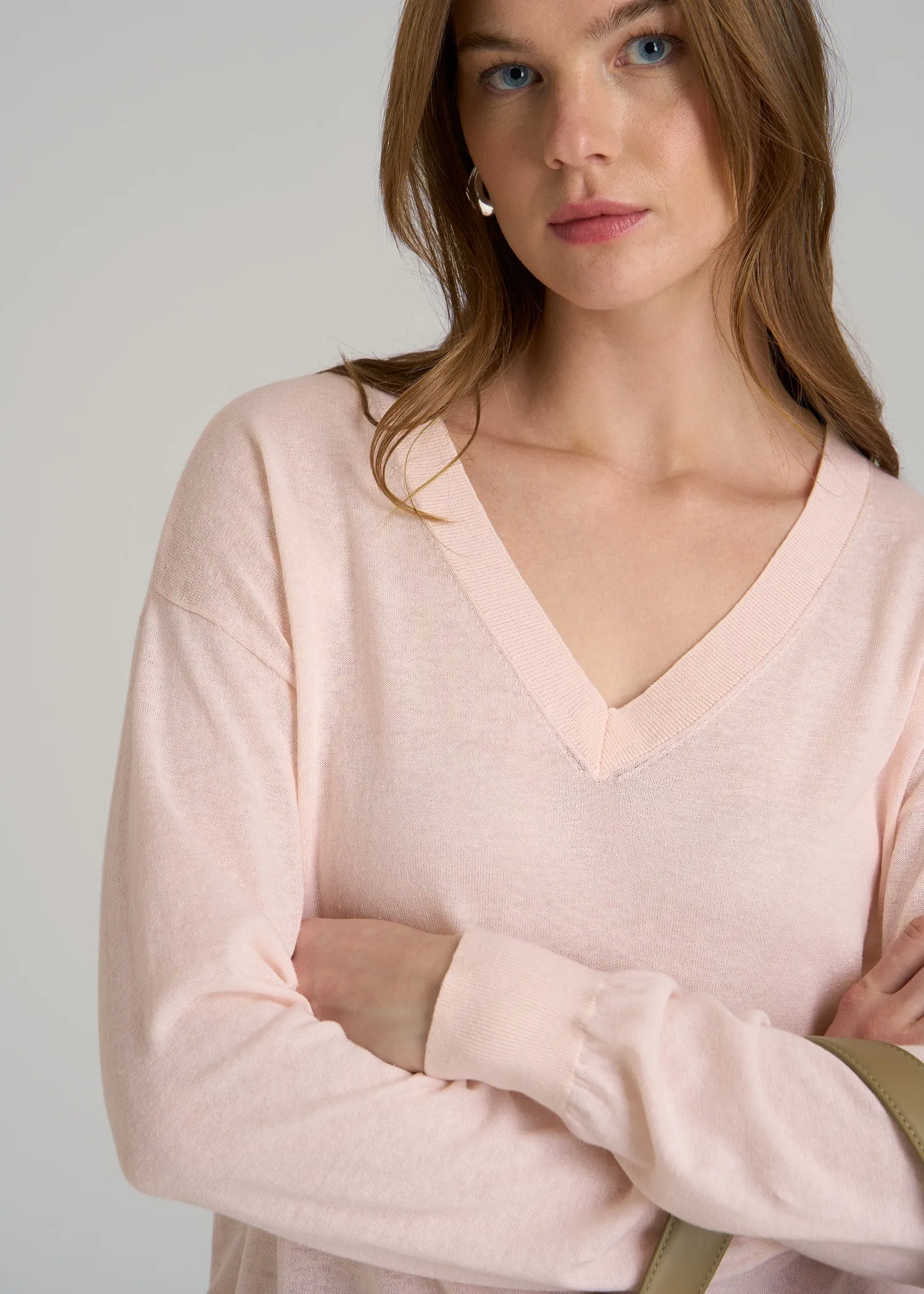Linen Blend Split Hem V-Neck Sweater for Tall Women in Hush Pink sold by American Tall product image thumbnail 2