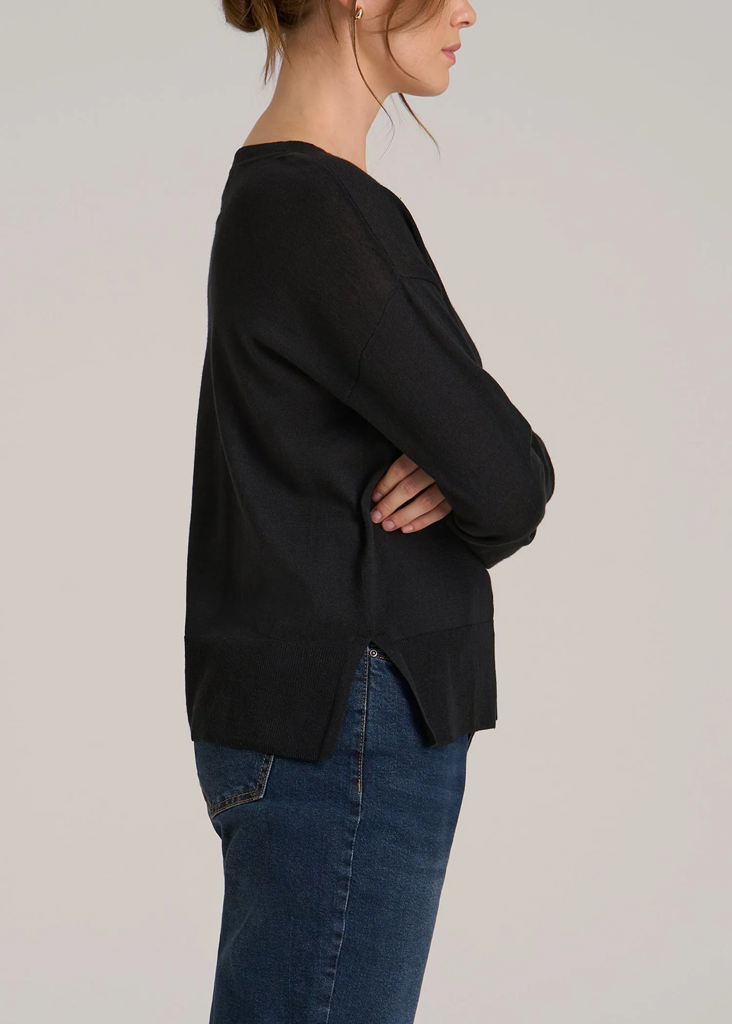 Linen Blend Split Hem V-Neck Sweater for Tall Women in Black sold by American Tall product image thumbnail 3
