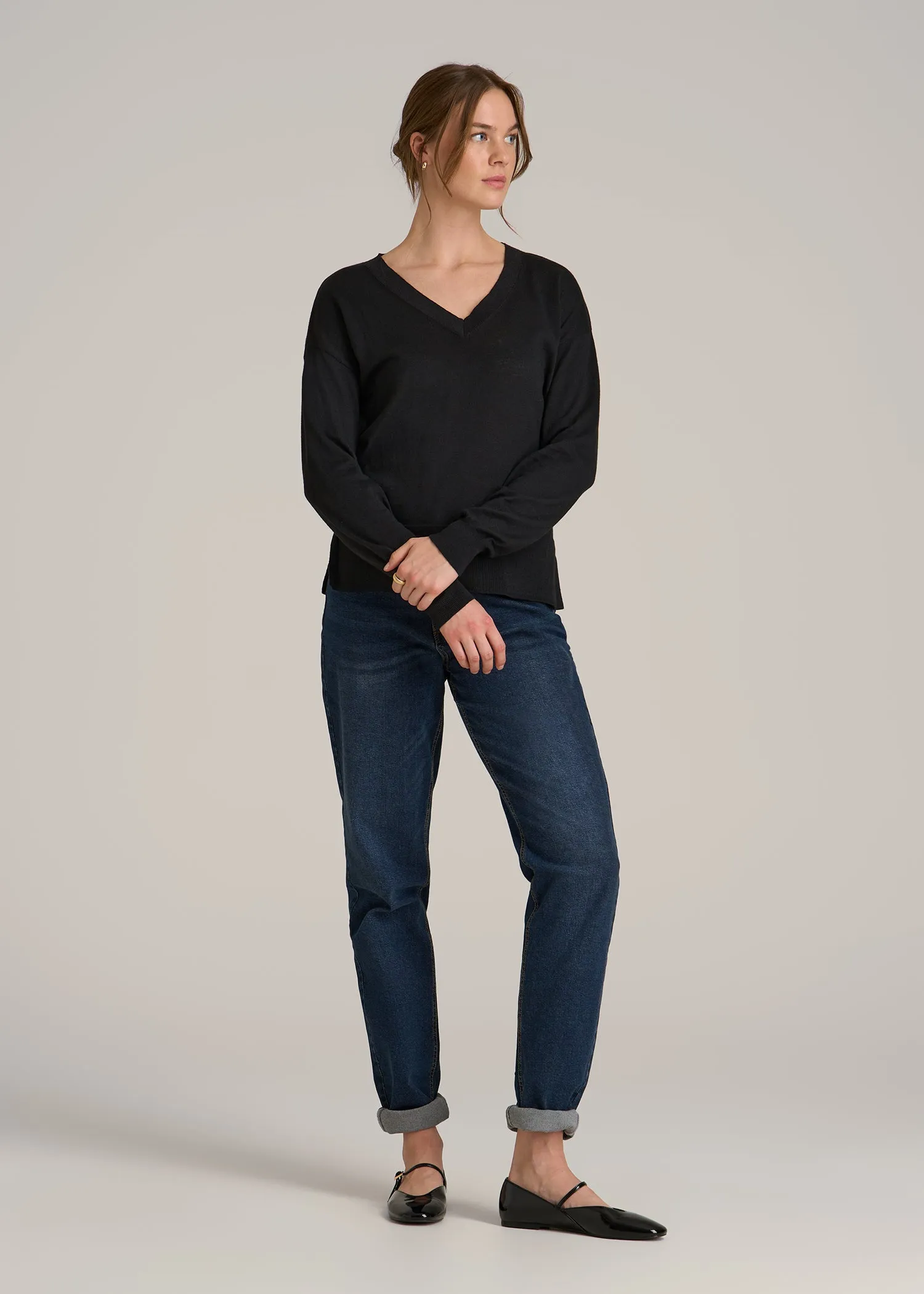 Linen Blend Split Hem V-Neck Sweater for Tall Women in Black sold by American Tall product image thumbnail 4