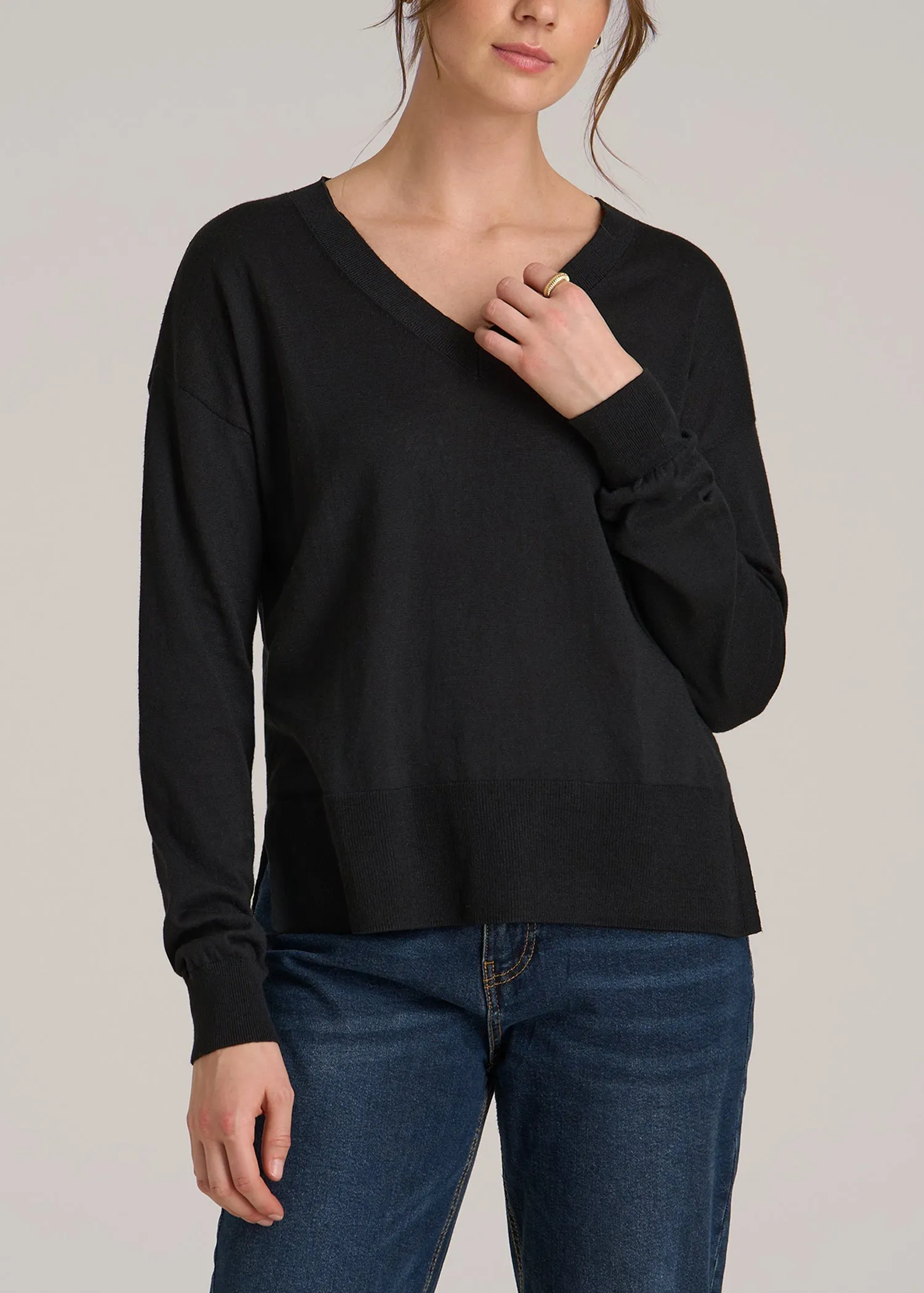 Linen Blend Split Hem V-Neck Sweater for Tall Women in Black sold by American Tall