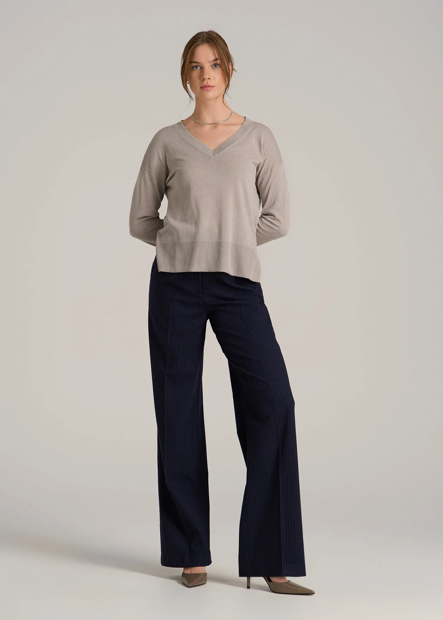 Linen Blend Split Hem V-Neck Sweater for Tall Women in Atmosphere sold by American Tall product image thumbnail 4