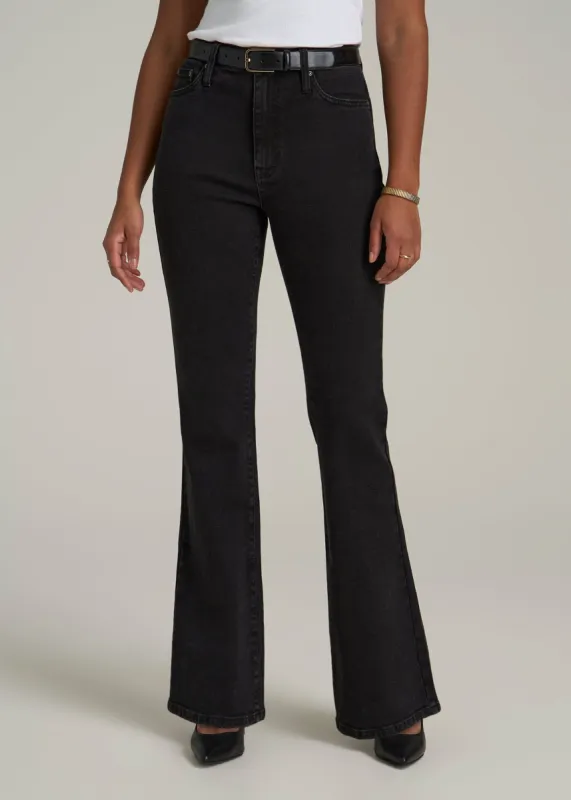 Chloe High Rise Flare Jeans for Tall Women in Onyx Black Wash sold by American Tall