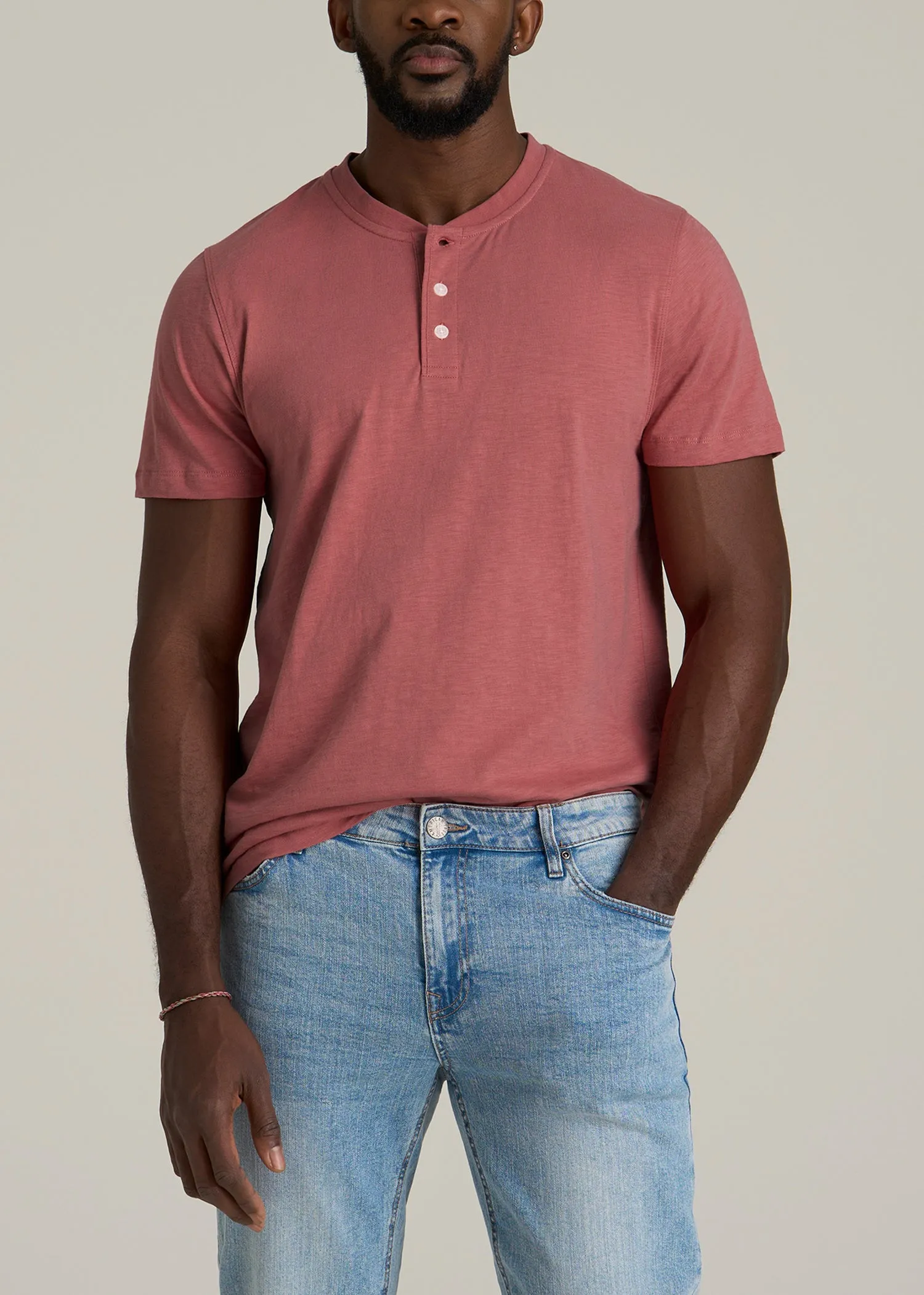 Sunwashed Short Sleeve Slub Henley for Tall Men in Dusty Cedar sold by American Tall