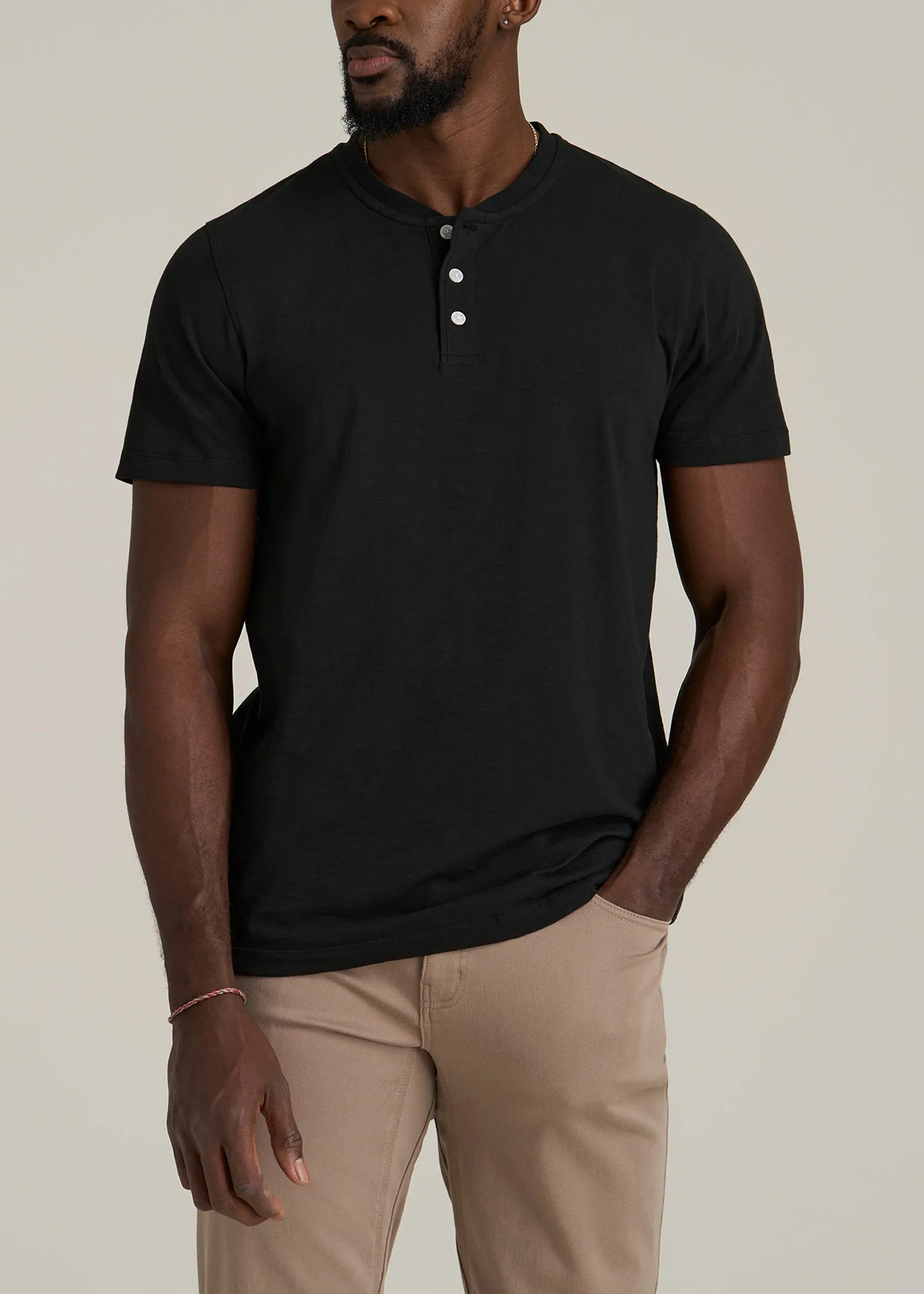 Sunwashed Short Sleeve Slub Henley for Tall Men in Black sold by American Tall