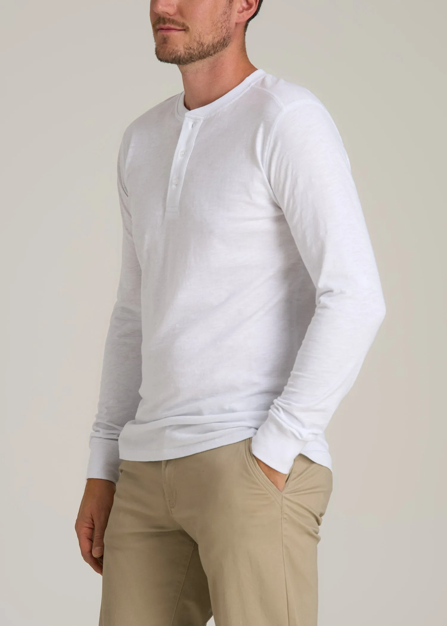 Three-Button Long Sleeve Slub Henley for Tall Men in White sold by American Tall product image thumbnail 3
