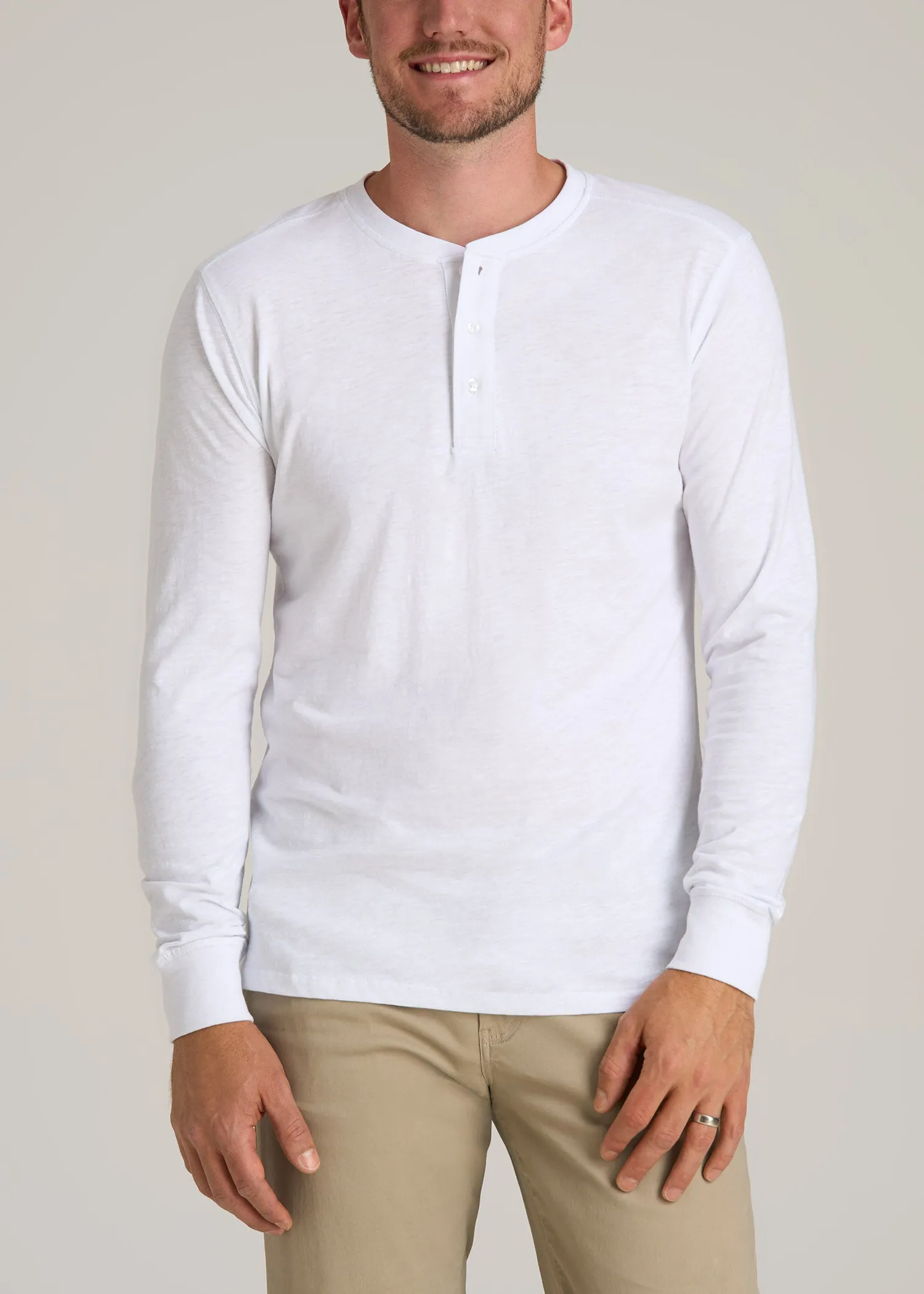 Three-Button Long Sleeve Slub Henley for Tall Men in White sold by American Tall