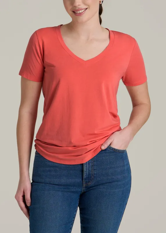 Women's Tall Scoop V-Neck Tee in Sunset Coral sold by American Tall