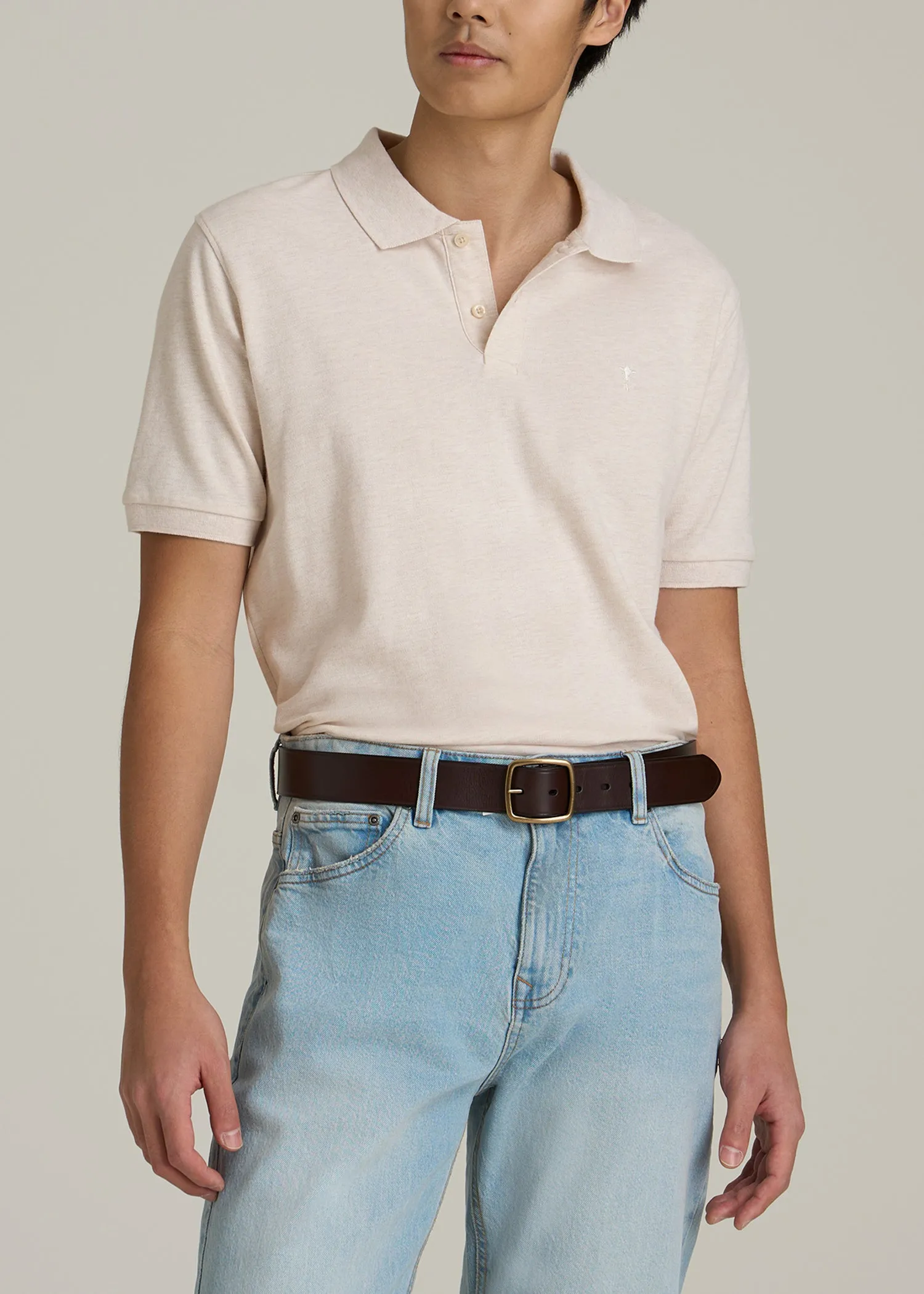 Classic Polo with Embroidered Logo for Tall Men in Heathered Oatmeal sold by American Tall