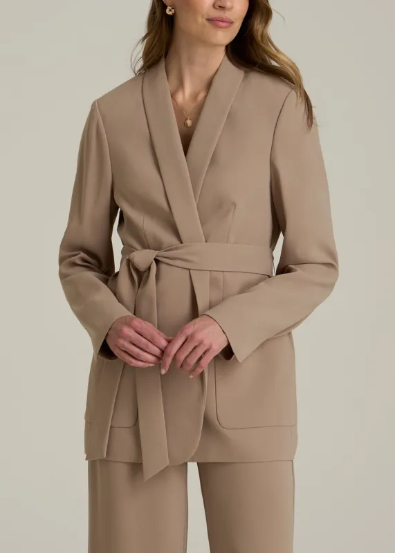 Crepe Wrap Blazer for Tall Women in Dark Sand sold by American Tall