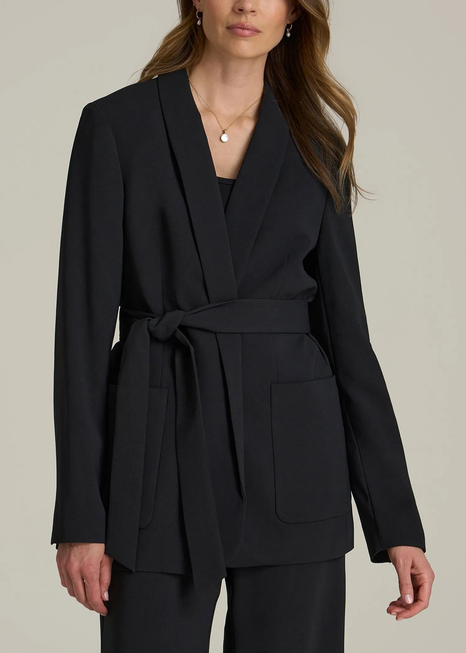 Crepe Wrap Blazer for Tall Women in Black sold by American Tall