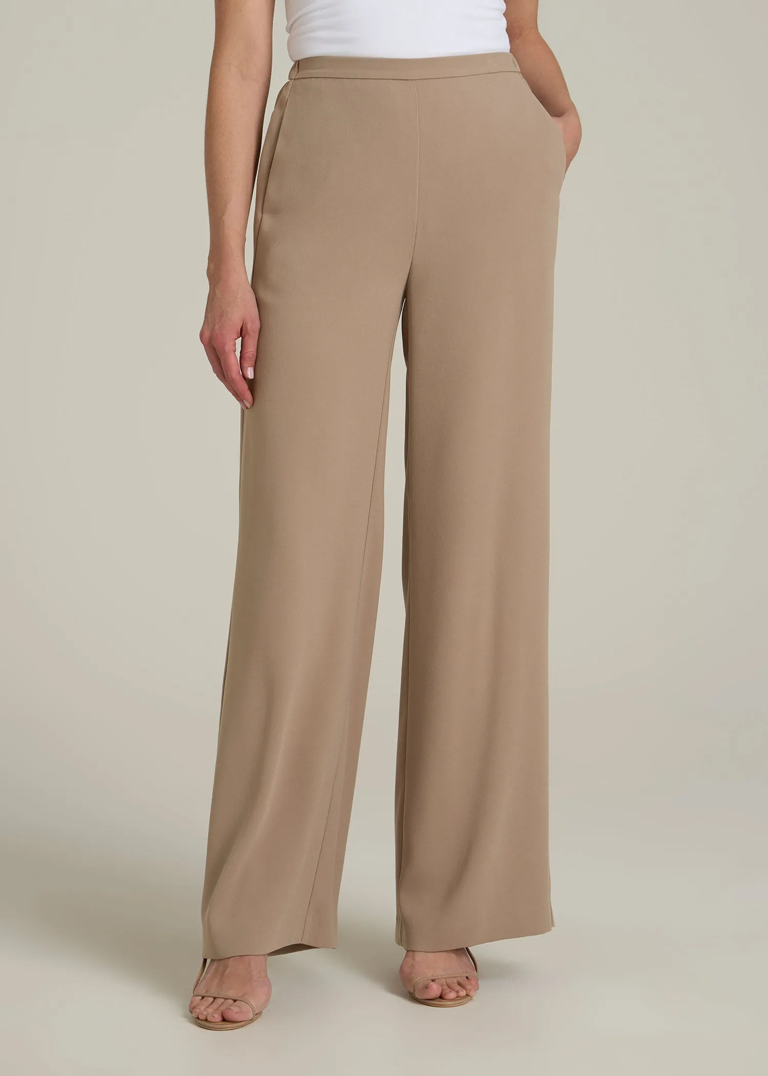 Pull-On Crepe Ultra Wide Pants for Tall Women in Dark Sand sold by American Tall