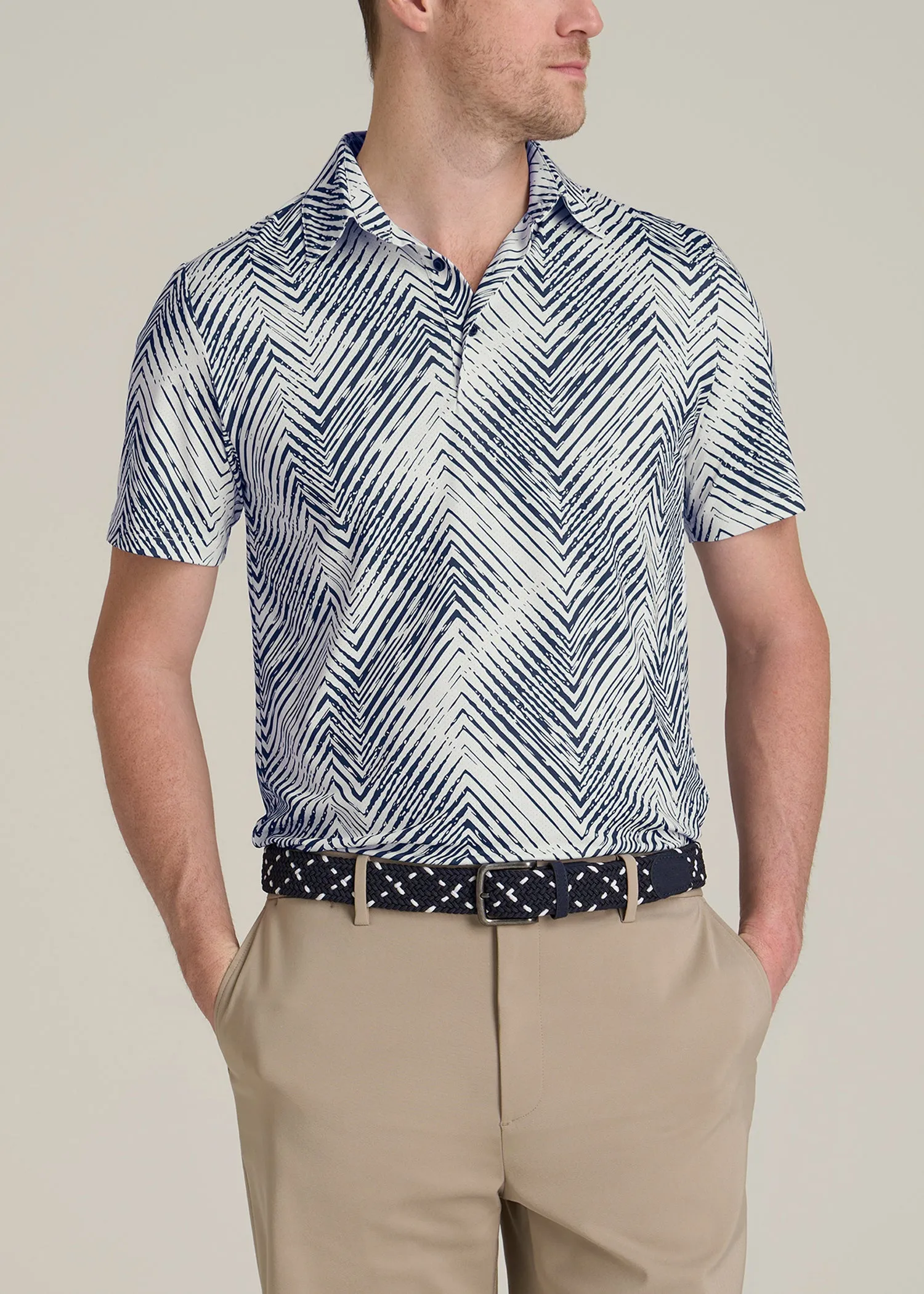 Golf Performance Polo Shirt for Tall Men in Navy Chevron sold by American Tall