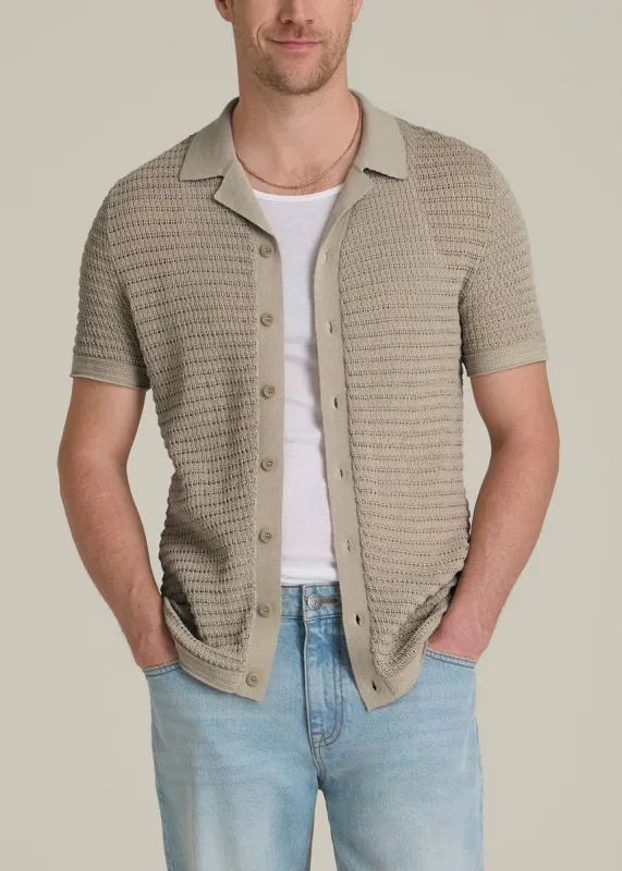 Short Sleeve Crochet Polo Cardigan for Tall Men in Light Khaki sold by American Tall