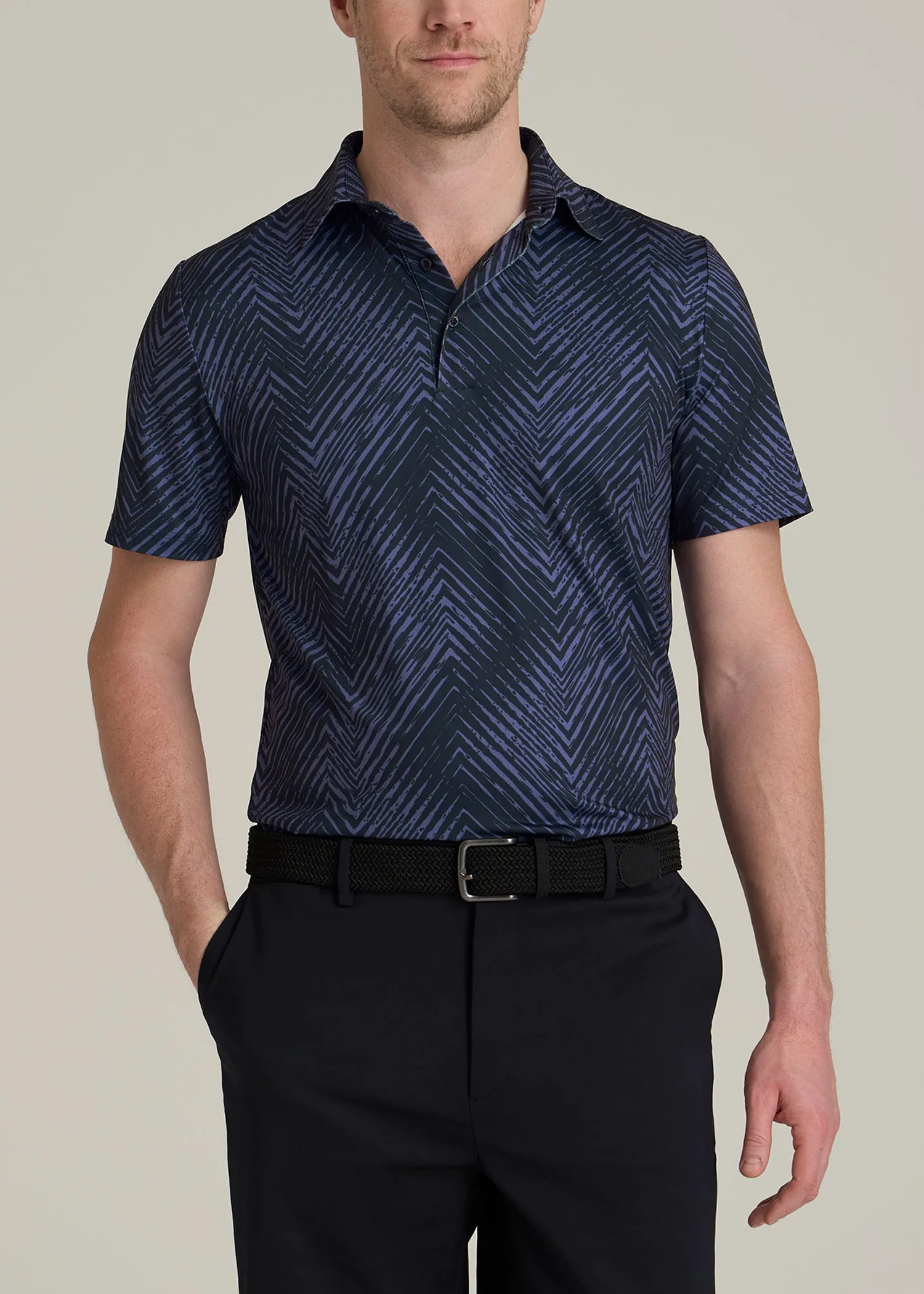 Golf Performance Polo Shirt for Tall Men in Future Dusk Chevron sold by American Tall