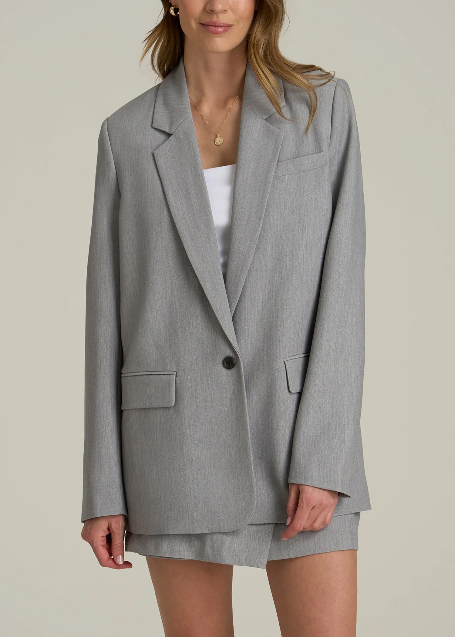 Boyfriend Fit Single-Button Blazer for Tall Women in Ash Grey Mix sold by American Tall
