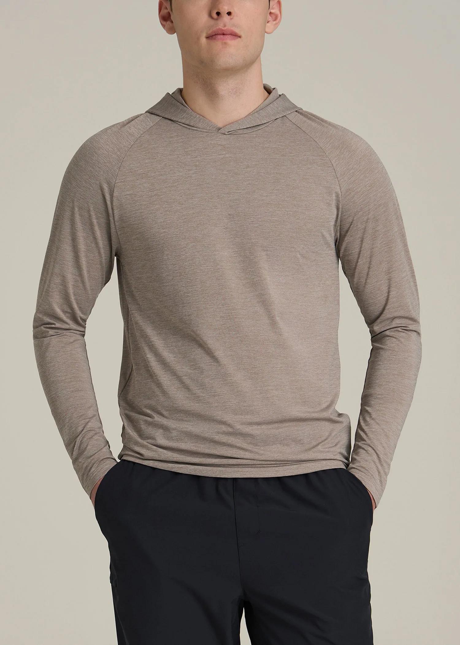 A.T. Performance Training Hoodie for Tall Men in Dark Sand Space Dye sold by American Tall