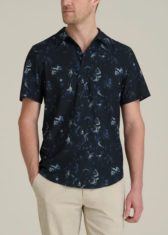 Coastal Perforated Tall Men's Polo Shirt in Black and Violet Floral sold by American Tall