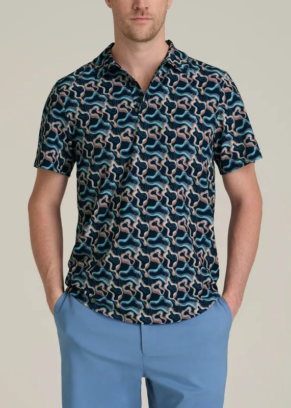 Coastal Perforated Tall Men's Polo Shirt in Blue and Rose Abstract sold by American Tall
