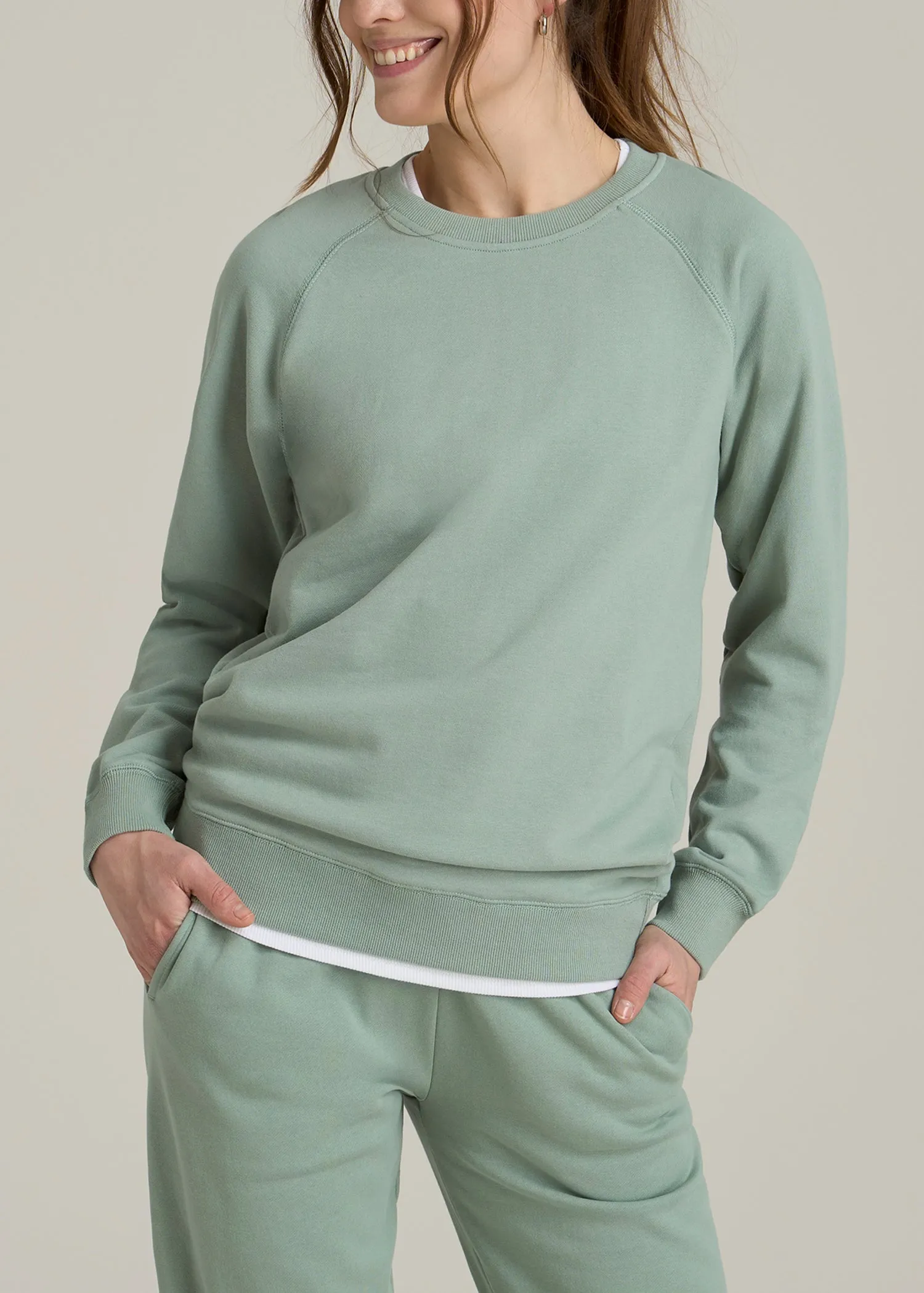 Wearever French Terry Crewneck Sweatshirt for Tall Women in Seagrass sold by American Tall