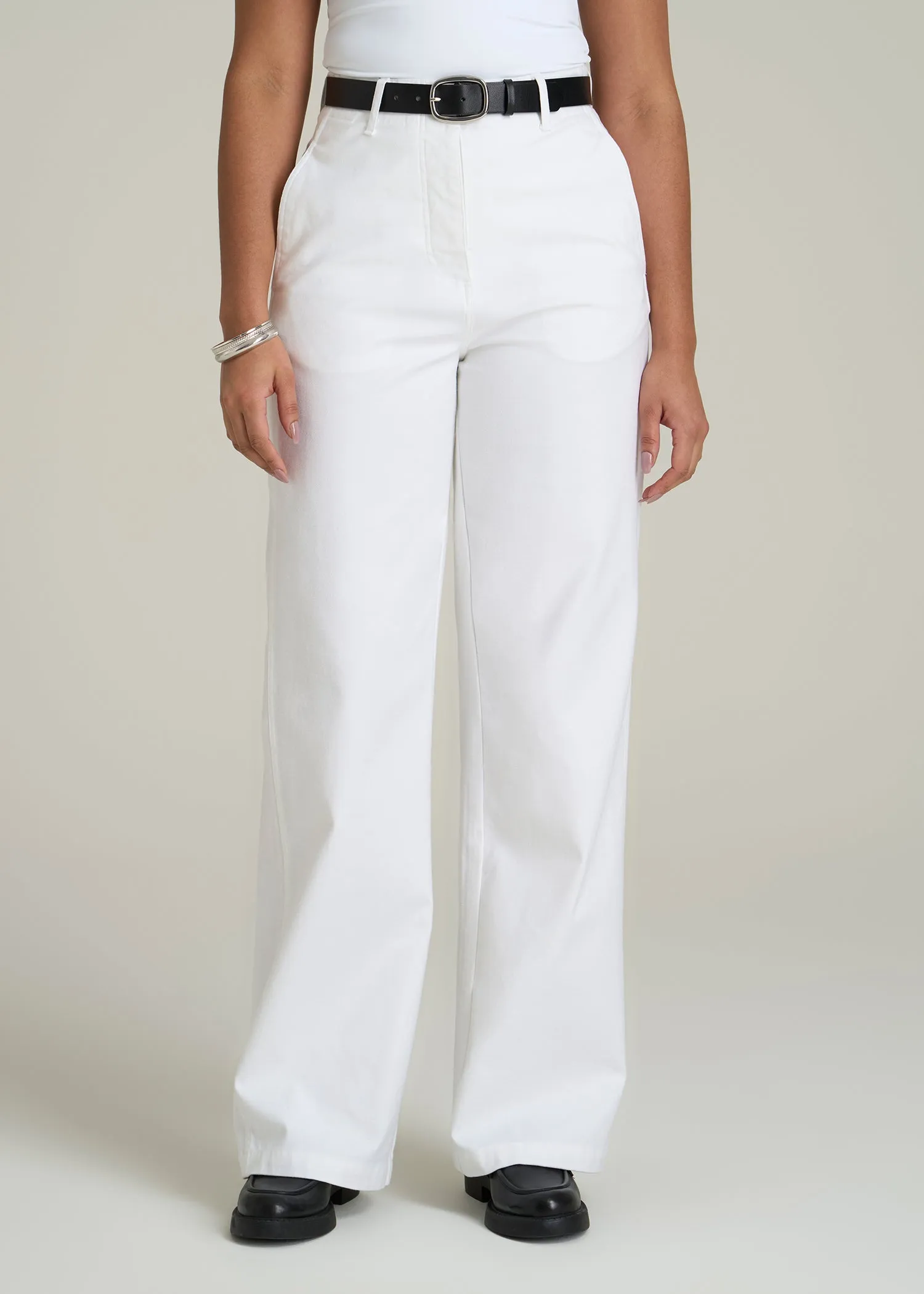 High Rise Wide Leg Flat Front Chino in White sold by American Tall