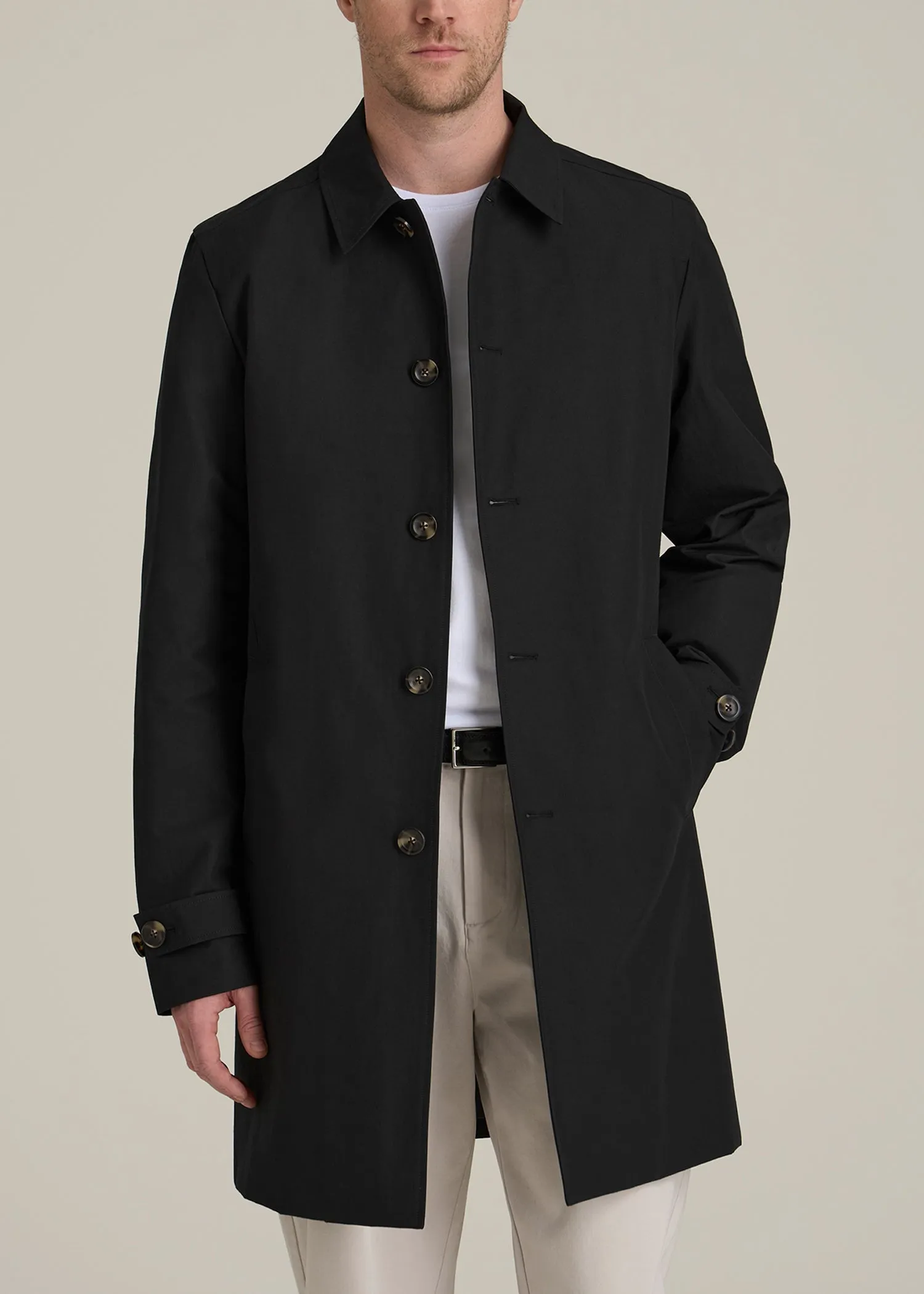 Minimalist Trench Coat for Tall Men in Black sold by American Tall