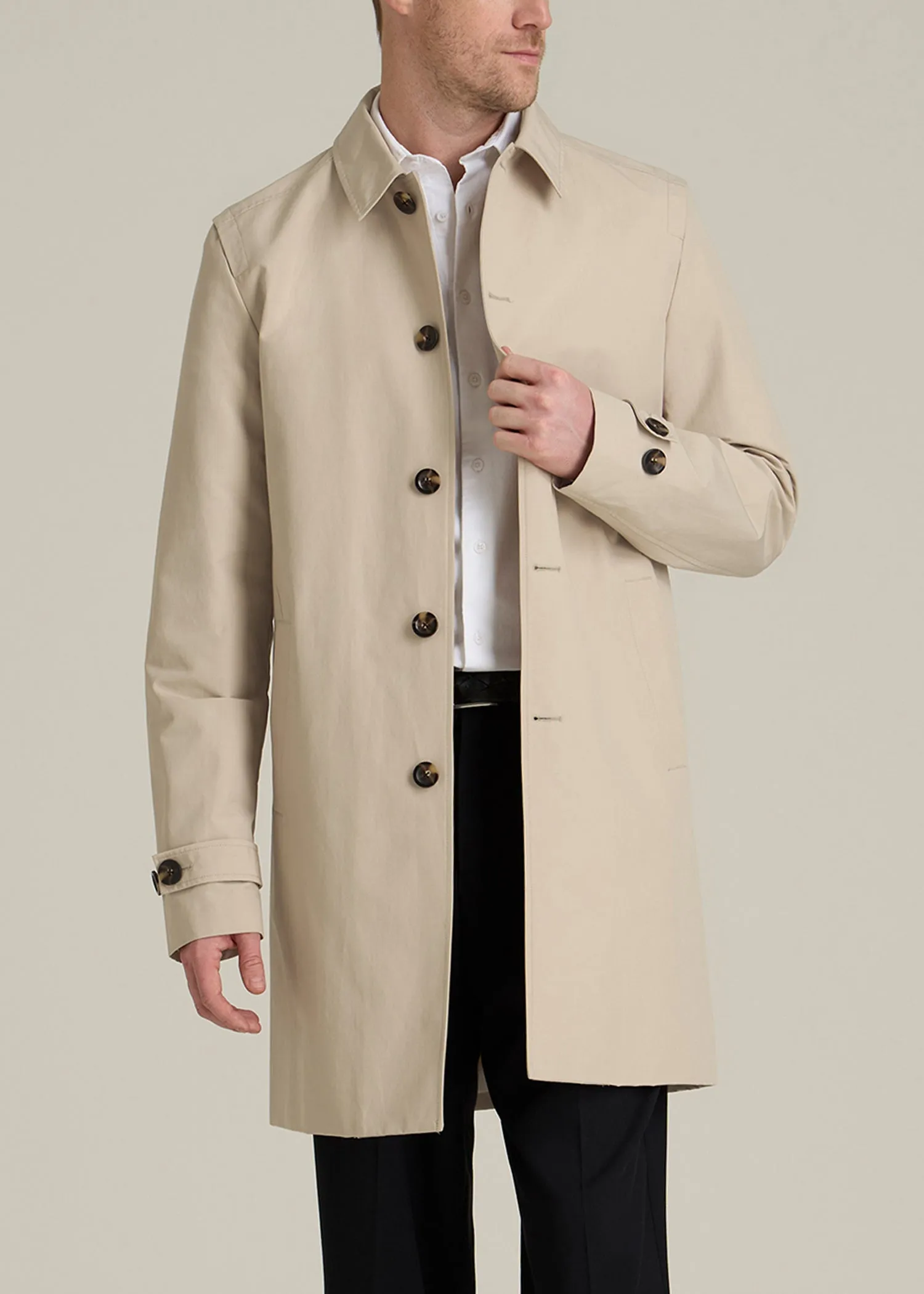Minimalist Trench Coat for Tall Men in Light Khaki sold by American Tall